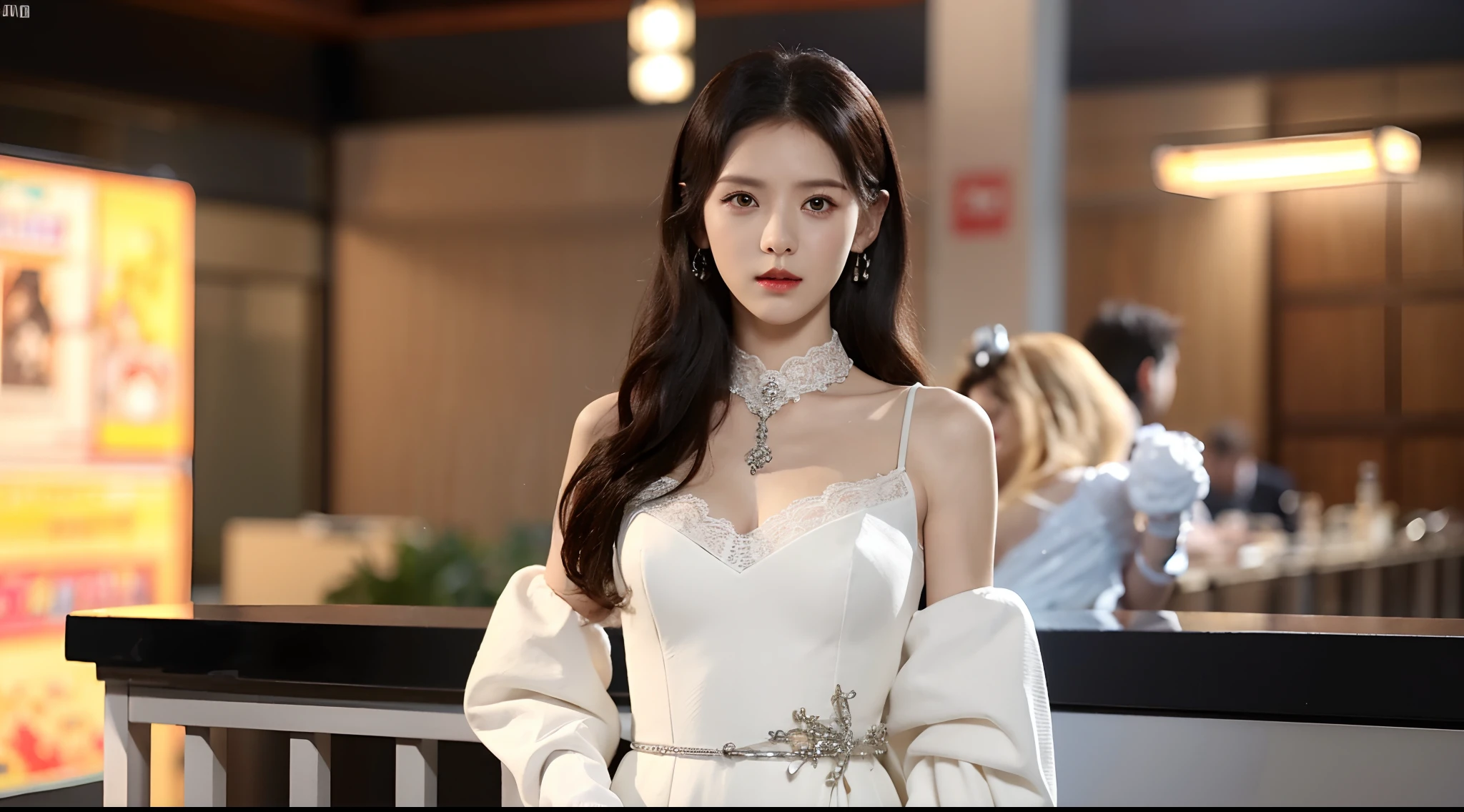 Realiy，8K，超高分辨率，Front light，rays of sunshine，photographed，playground，roller coasters，baiyun，cotton candy， Female celebrities，long whitr hair，cropped shoulders，shift dresses，formal outfit， Hair_decorations, (Solo,solo person), Lace long gloves，jewelry，sash, Looking_at_peeping at the viewer, Bigchest，(中景 the scene is，A half body:1.2)，Face lighting