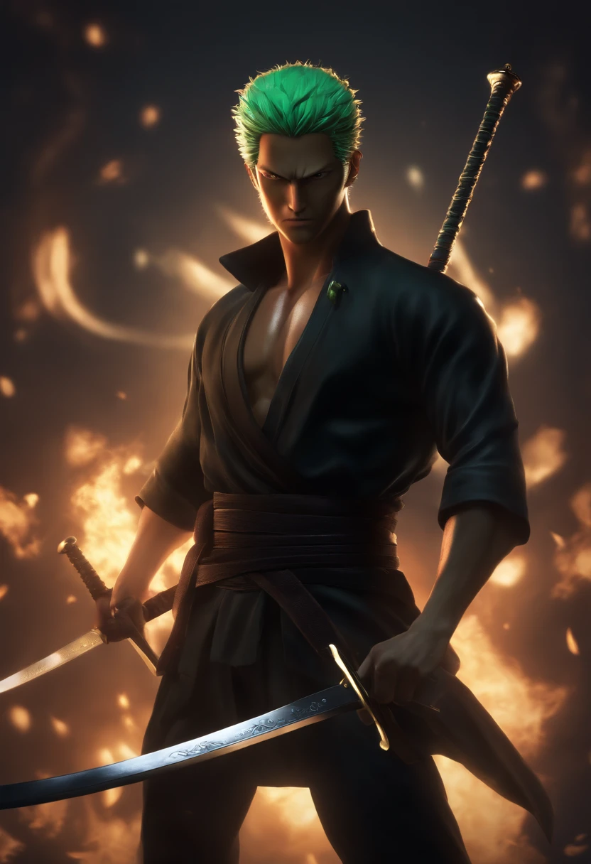 Roronoa zoro,  in dark clothes, Composants de vol, with three shining swords, de front, background dark, Realstic,vert, 8K