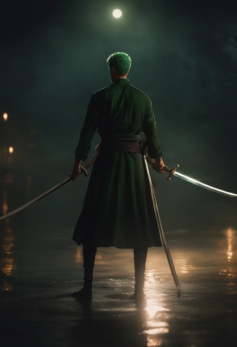 Roronoa zoro,  in dark clothes, Composants de vol, with three shining swords, de front, background dark, Realstic,vert, 8K