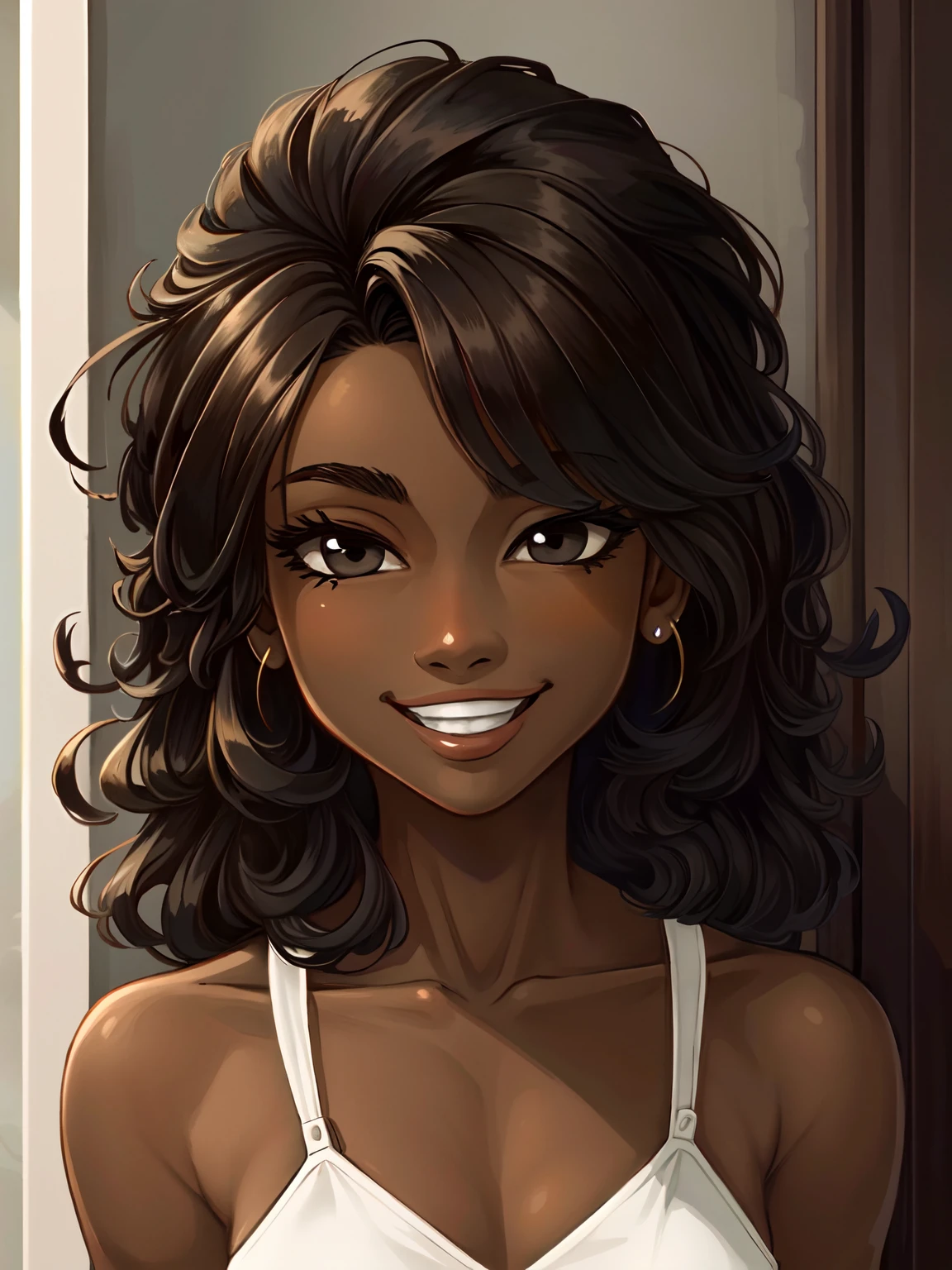 Masterpiece, best quality, high-res, extremely detailed, 1 girl, (dark brown skin tone:1.2), black eyes, smiling