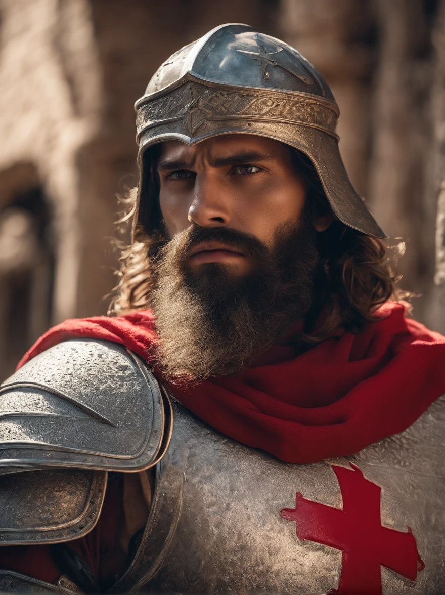 Highest quality, cinematic upper body shot, photo of a (tough christian male Crusader of The Knights Templar), detailed facial features, wavy jesus like hair, (long beard:1.3), serious expression, looking at viewer, (wearing lewd steel plate armor, red  cross patte on his chest:1.4), sweat, real skin features, war ambiance. He's guarding a holy Christian temple in 1300s Jerusalem, toned body, muscled figure, V shaped, athletic, (detailed skin), fine details. Intricate details, natural lighting, sunlight, warm weather, [shadows], photographed on a Nikon D850, 50mm F/5.6 lens, ISO 100, HDR, 8k, highly detailed, sharp focus, Cinestill 800T, film still from Kingdom of Heaven, front view, eye focus, (full body:0.9), natural light, epic scene