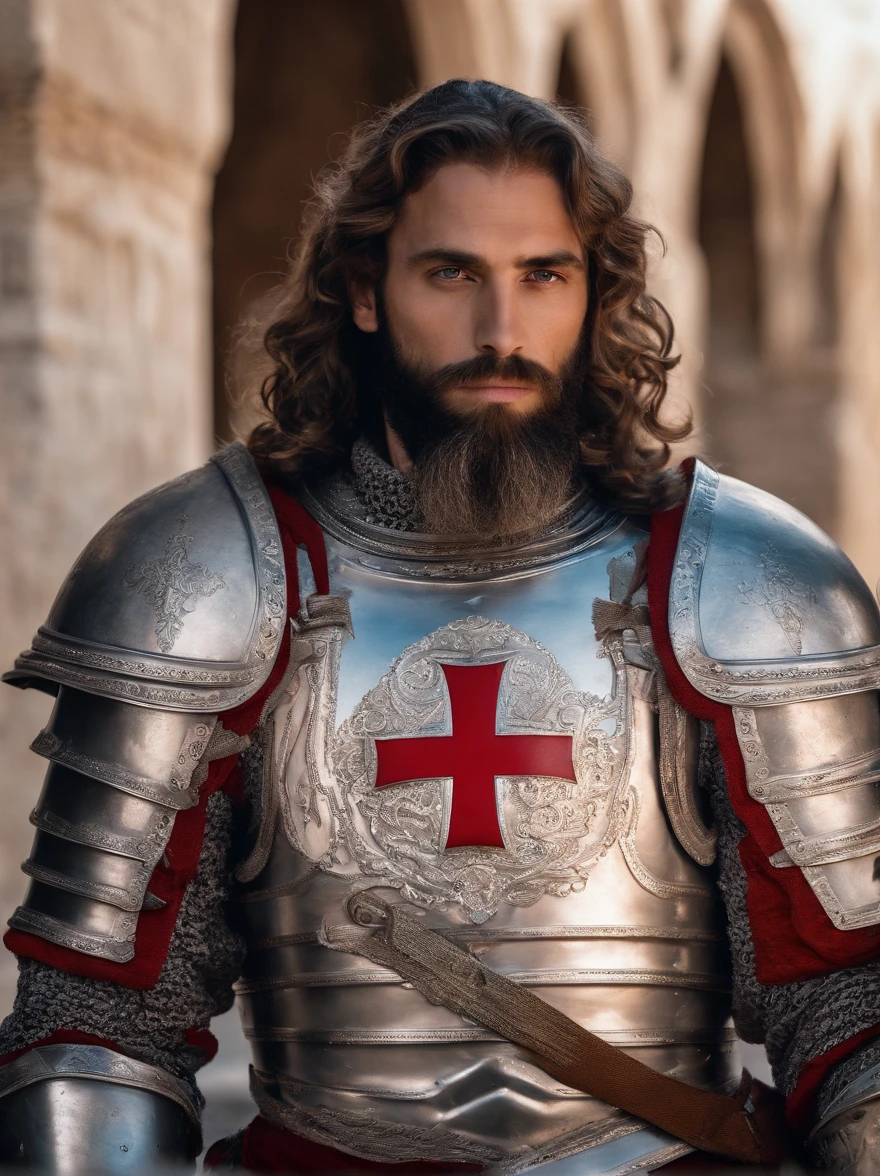 Highest quality, cinematic upper body shot, photo of a (tough christian male Crusader of The Knights Templar), detailed facial features, wavy jesus like hair, (long beard:1.3), serious expression, looking at viewer, (wearing lewd steel plate armor, red  cross patte on his chest:1.4), sweat, real skin features, war ambiance. He's guarding a holy Christian temple in 1300s Jerusalem, toned body, muscled figure, V shaped, athletic, (detailed skin), fine details. Intricate details, natural lighting, sunlight, warm weather, [shadows], photographed on a Nikon D850, 50mm F/5.6 lens, ISO 100, HDR, 8k, highly detailed, sharp focus, Cinestill 800T, film still from Kingdom of Heaven, front view, eye focus, (full body:0.9), natural light, epic scene