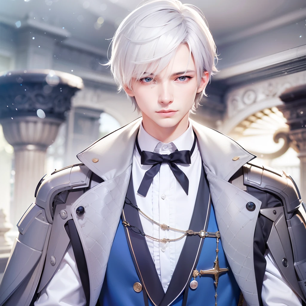 masculine male, masterpiece, ((perfect eyes)) best quality, (semirealism:1.9), beautiful lighting, (extremely detailed CG unity 4k fhd wallpaper), High Detail, Sharp focus, dramatic outdoors, 1 boy ,19 years old, white hair, light purpel eyes, smile.