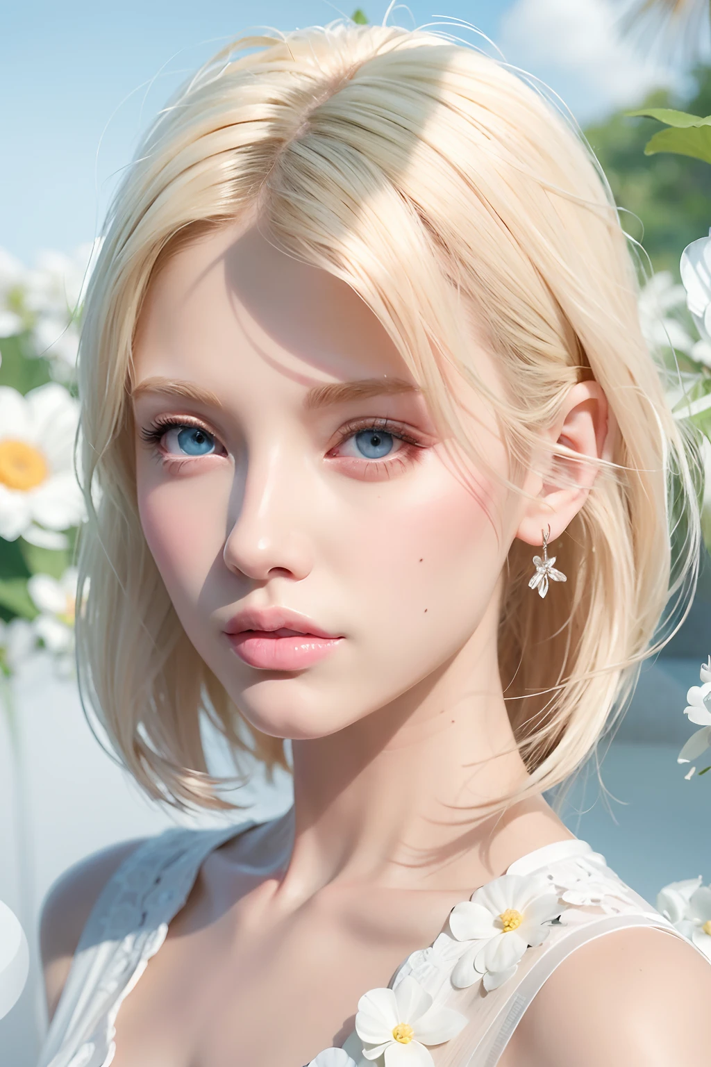 Woman with blonde hair，Blue eyes and white dress posing in front of flowers, Soft portrait shot 8 K, inspired by Yanjun Cheng, Pale hair, render of april, Rendu portrait 8k, Guviz-style artwork, Girl with white hair, Girl with short white hair, aesthetic portrait, high quality portrait, Porcelain white skin, inspired by Russell Dongjun Lu
