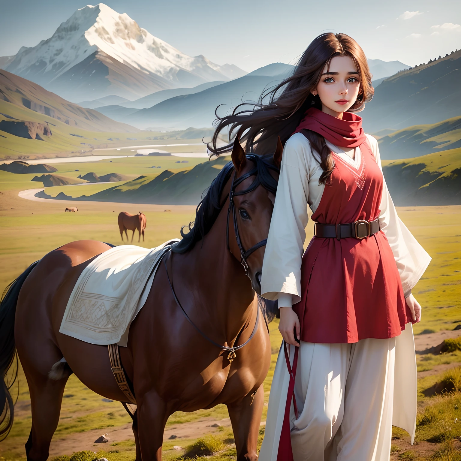 Cute girl blue eyes, long brown hairs, smooth face, white shalwar and kameez, a red belt on her kameez,red lipstick, beautiful hair style, red muffler on her neck ,smile on face, standing in front of a brown horse in a big ground full of grass and far away mountains