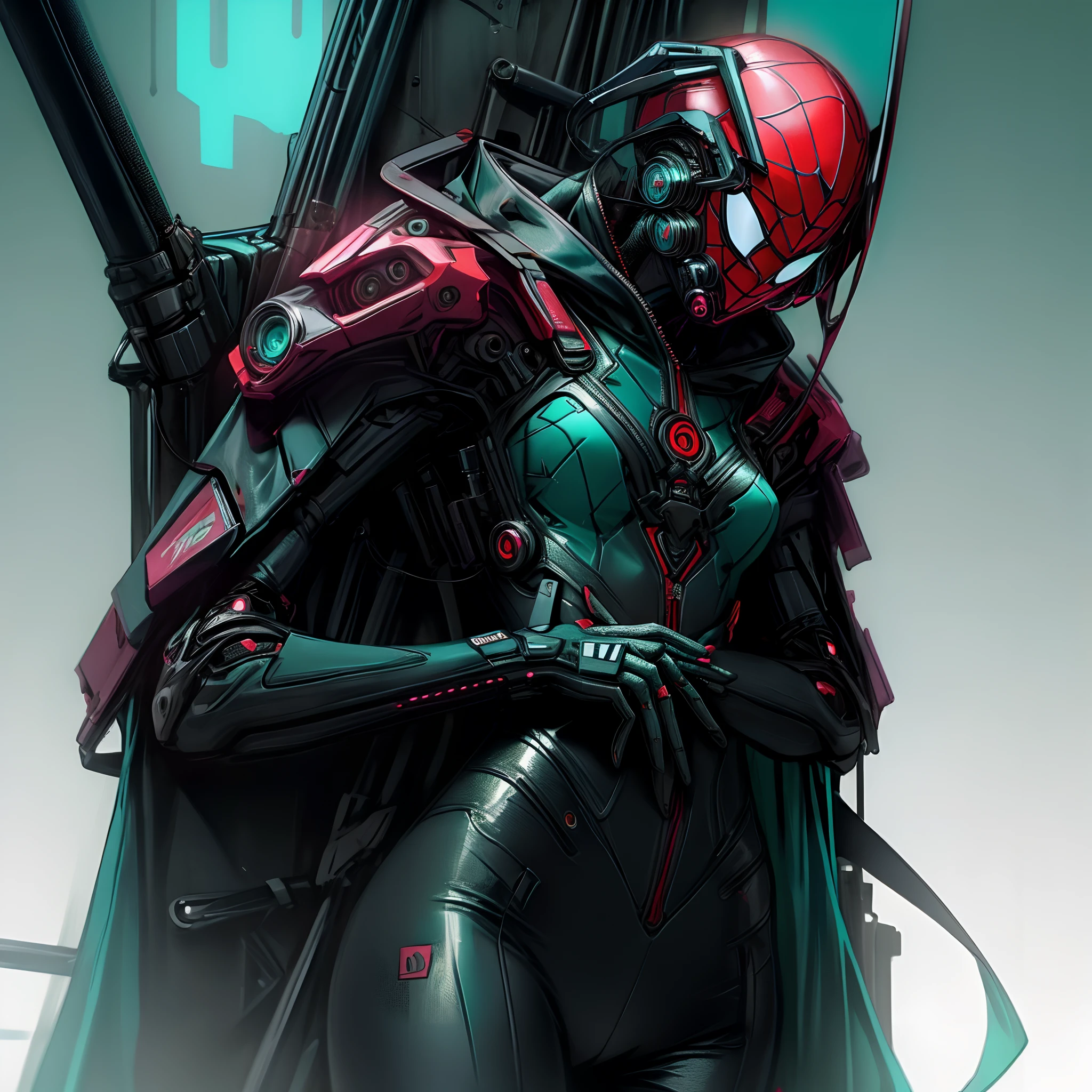 dominatrix leather mask with mouth section open cyberpunk spidersuit cyberpunk teal accents black suit