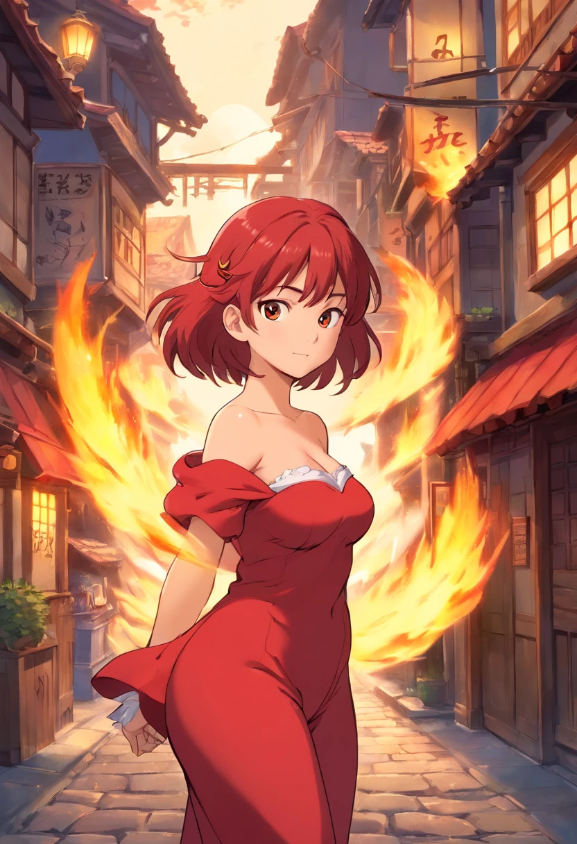 one-girl,Red clothes,Off-the-shoulder attire,Red hair,Huge breasts,cleavage,,fire and ice,火焰,magma,the street,neonlight,Open navel
