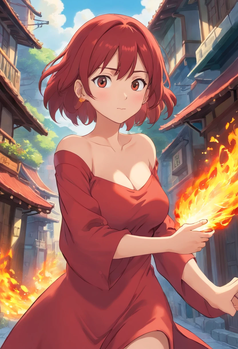 one-girl,Red clothes,Off-the-shoulder attire,Red hair,Huge breasts,cleavage,,fire and ice,火焰,magma,the street,neonlight,Open navel