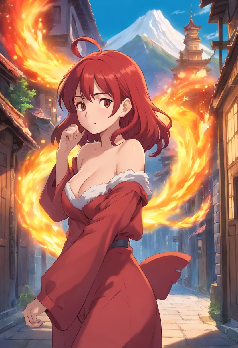 one-girl，Red clothes，Off-the-shoulder attire，Red hair，Huge breasts，cleavage，，fire and ice，火焰，magma，the street，neonlight，Open navel