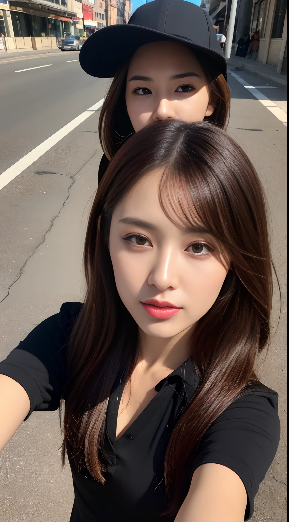 ((Day, Best Quality, 8K, Realistic)), Half Body: 1.4, Slender Abs: 1.2, ((Long ponytail dark brown hairstyle, Medium Breasts: 1.2)), (Tight black shirts: 1.1, Tight leggings: 1.1, Walking: 1.3, Colored sunglasses: 1.1, Black hat), (Outdoor, Street, Realistic streets background, Day lights, Bright sunlights), Highly detailed face and skin texture, detailed eyes, double eyelids, swag, badass, face looking at the camera, half body camera view, top angle selfie camera view, (Holding the selfie camera: 1.2, Selfie: 1.1)