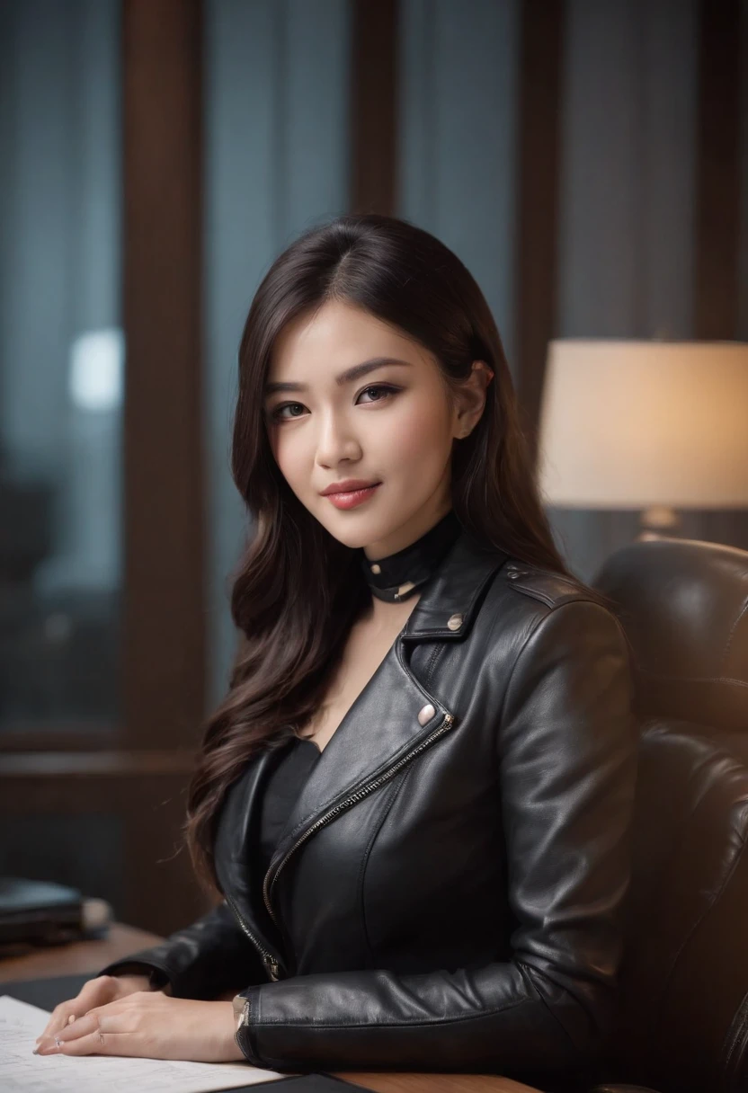 Wearing black leather gloves on both hands Upper body Black leather rider jacket Necklace on chest Facing desk in modern study in the dark, Look down and smile, Young Japan woman with long straight black hair (Black leather gloves covering both hands) Working at computer sitting on chair with black leather gloved fingers