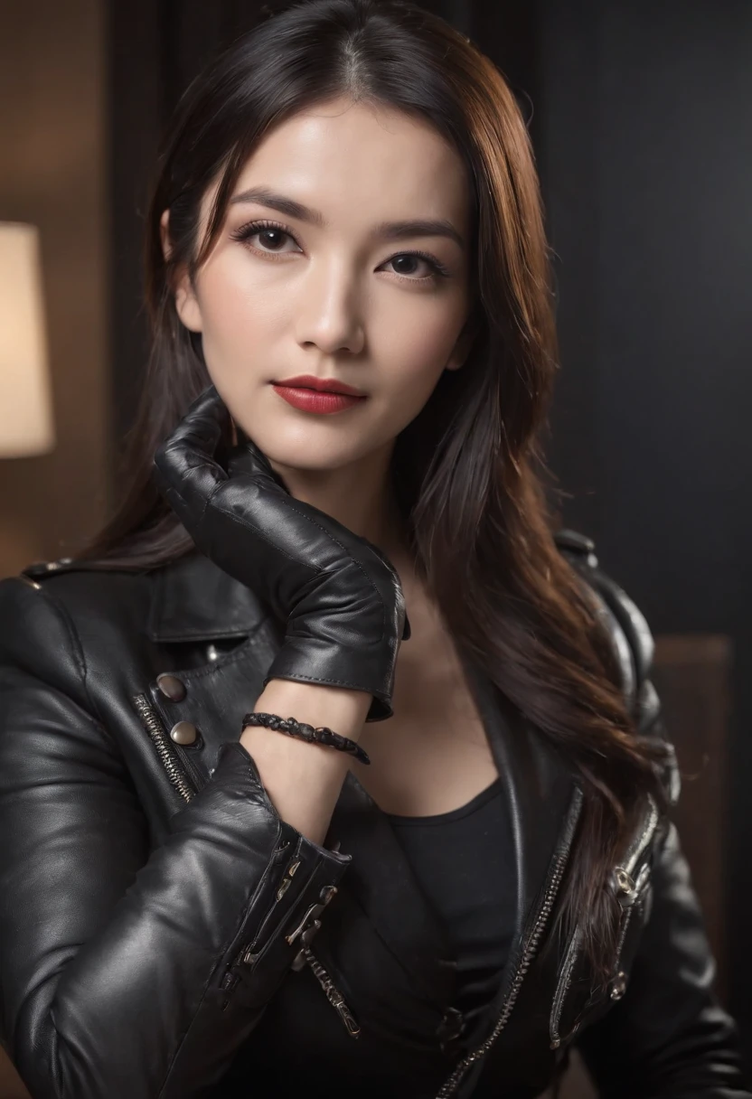 Wearing black leather gloves on both hands Upper body Black leather rider jacket Necklace on chest Facing desk in modern study in the dark, Look down and smile, Young Japan woman with long straight black hair (Black leather gloves covering both hands) Working at computer sitting on chair with black leather gloved fingers