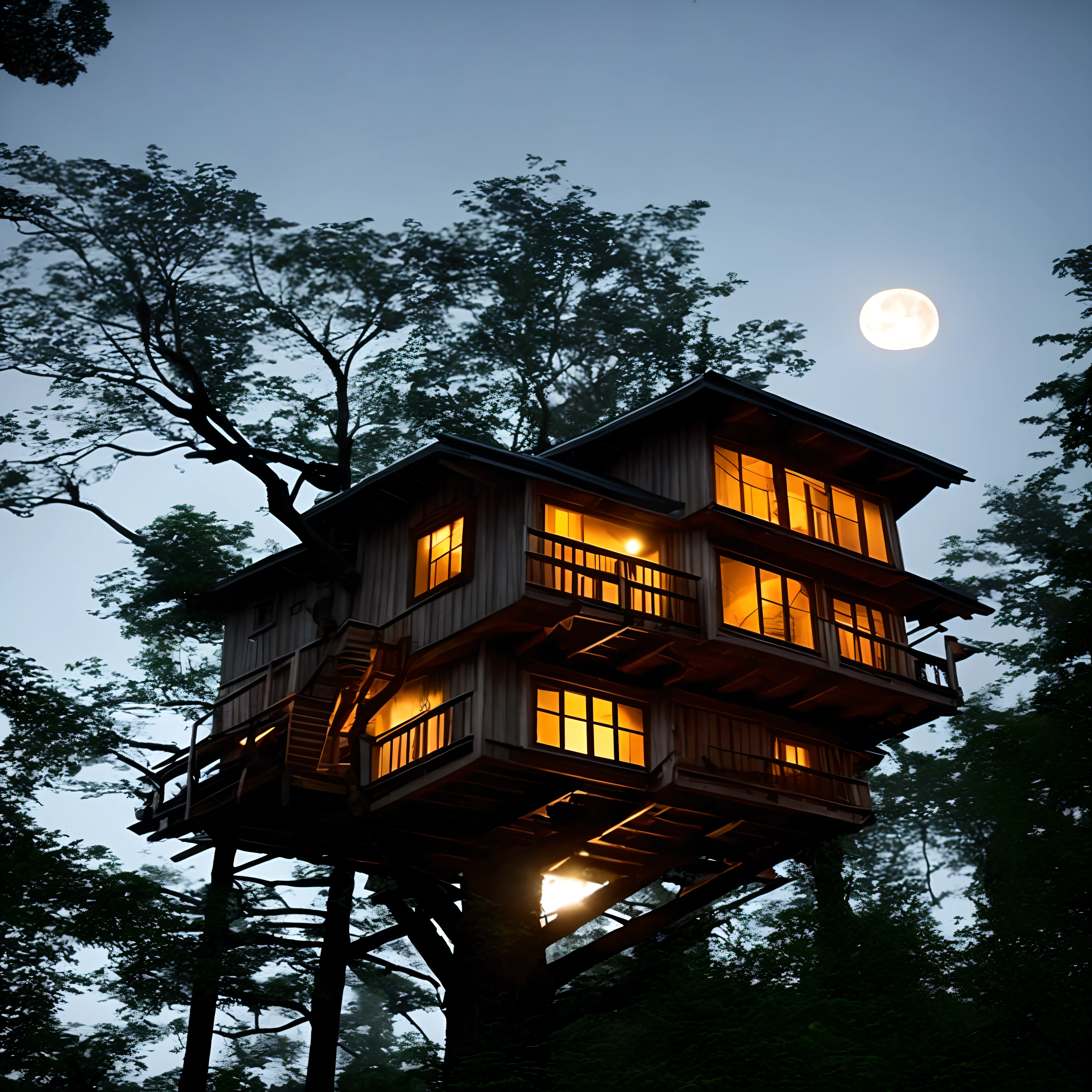 Tree house in middle of forest night. Climate: raining. Small fog. Can see the moon.