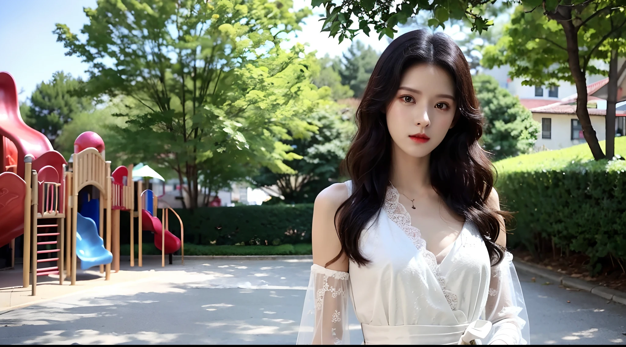 Realiy，8K，超高分辨率，Front light，rays of sunshine，photographed，(parks，playground，roller coasters，baiyun:1.3)，cotton candy， Female celebrities，long whitr hair，shift dresses，formal outfit， Hair_decorations, (Solo,solo person), Lace long gloves，jewelry，sash, Looking_at_peeping at the viewer, Bigchest，(中景 the scene is，A half body:1.2)，Face lighting