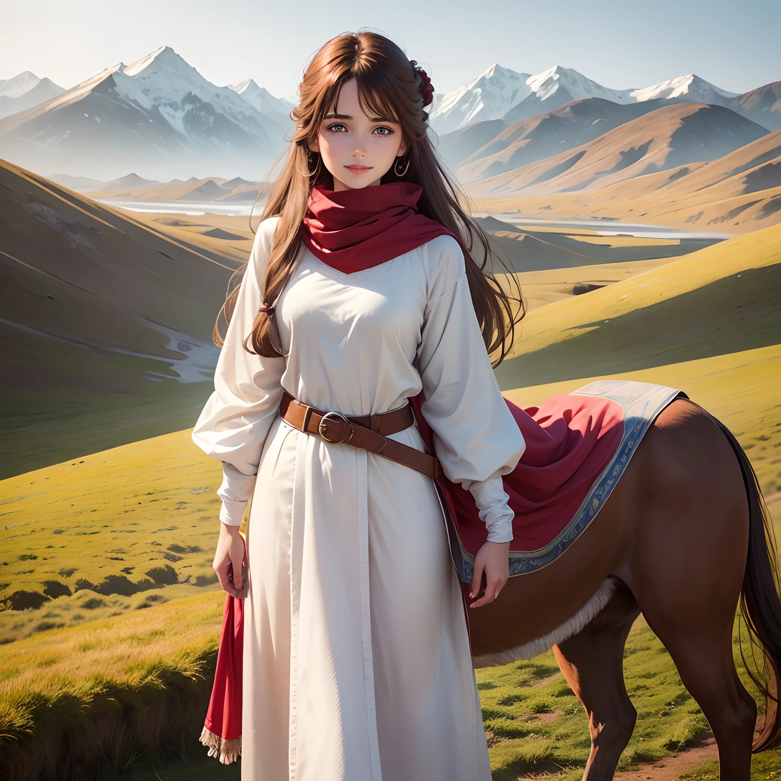 Cute girl blue eyes, long brown hairs, smooth face, white shalwar and kameez, a red belt on her kameez,red lipstick, beautiful hair style, red muffler on her neck ,smile on face, a brown hate on her head , standing in front of a brown horse in a big ground full of grass and far away mountains, smile on face