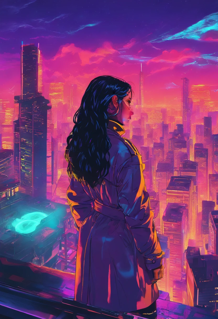 Cyberpunk, night, smokey, sadness, beautiful cyborg woman with silverskin and artificial blue eyes gazing up into the sky. City full of neon lights, Trenchcoat,close up, Very long black hair, standing on a roof top, landscape, detailed background,