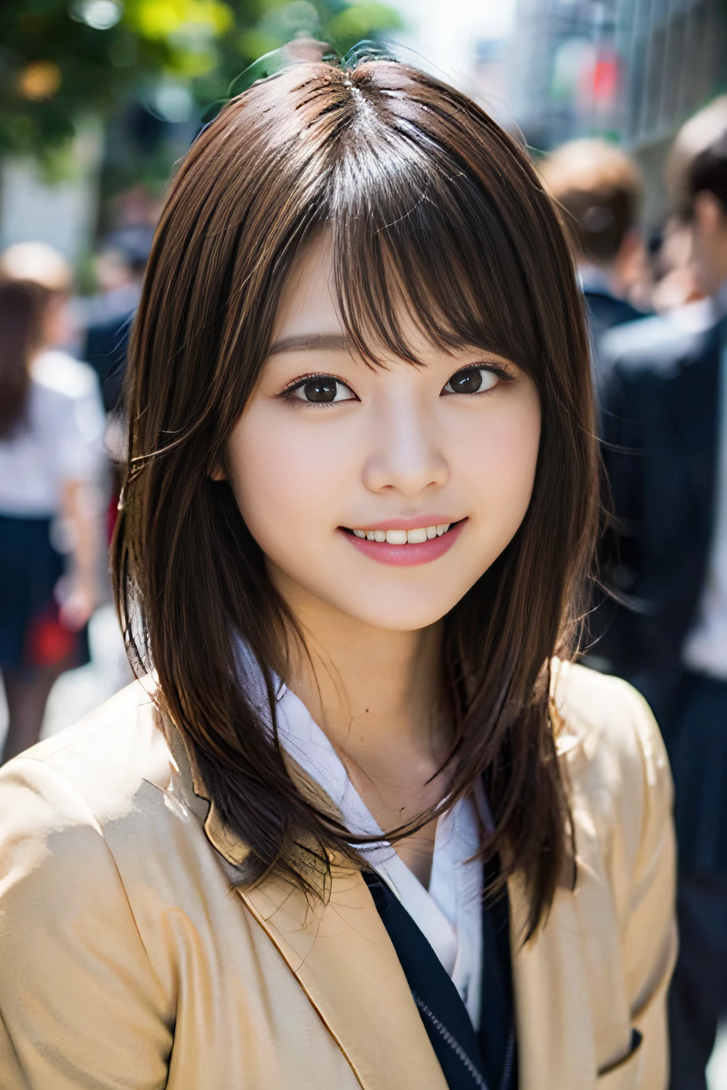 (8K、Raw photography、top-quality、masterpiece:1.2)、(realisitic、Photorealsitic:1.37)、ultra-detailliert、超A high resolution、1人、see the beholder、beautifull detailed face、A smile、Constriction、(Slim waist) :1.3)、Beautiful detailed skin、Skin Texture、Floating hair、Professional Lighting、Whole human body、Longhaire、a blond、japanese hight school uniform、hi-school girl、matsuri、In the street、Bob Hair、Happy smile