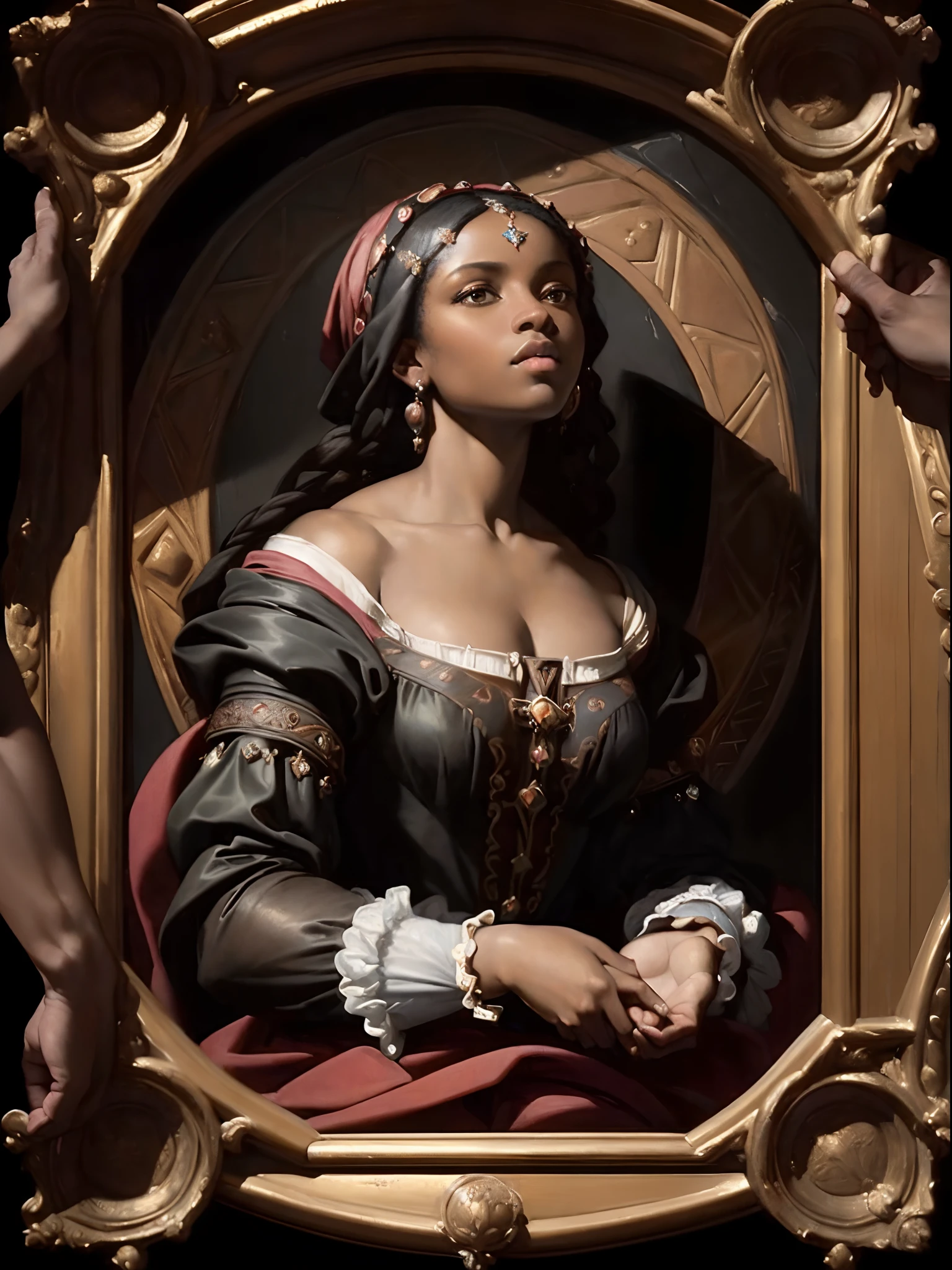(Renaissance oil painting of a beautiful black woman:1.3), best quality, masterpiece, expressive, thrilling, 256k, epic, crepuscular lights, (by Michelangelo, by Rafael, by Rubens:1.2), chiaroscuro, best quality, masterpiece, (best hands)