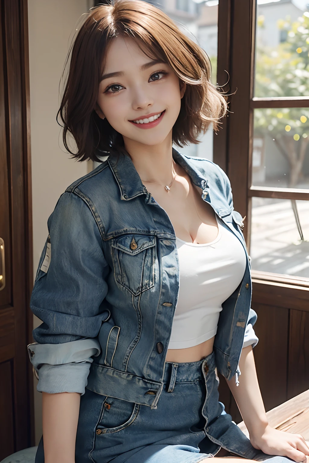 8K raw photos、Beautie:2.0、24 year old、japanes、prety woman1a person、cleavage of the breast、(white tank tops)、((denim jackets:1.2))、(flered skirt)、beautiful eyes finely detailed、Eye lashes、((Brown eyes:1.2))、Beautiful double eyelids、eyeshadows、Perfect eye makeup、((A smile:1.6))、Beautiful and thin legs、(chestnut-colored hair)、Bob Hair、fluffy hair、stadio、Daytime、Latina、Photorealsitic:1.9、tthin eyebrows、Tear bag、lofty nose、((Highly sexual))