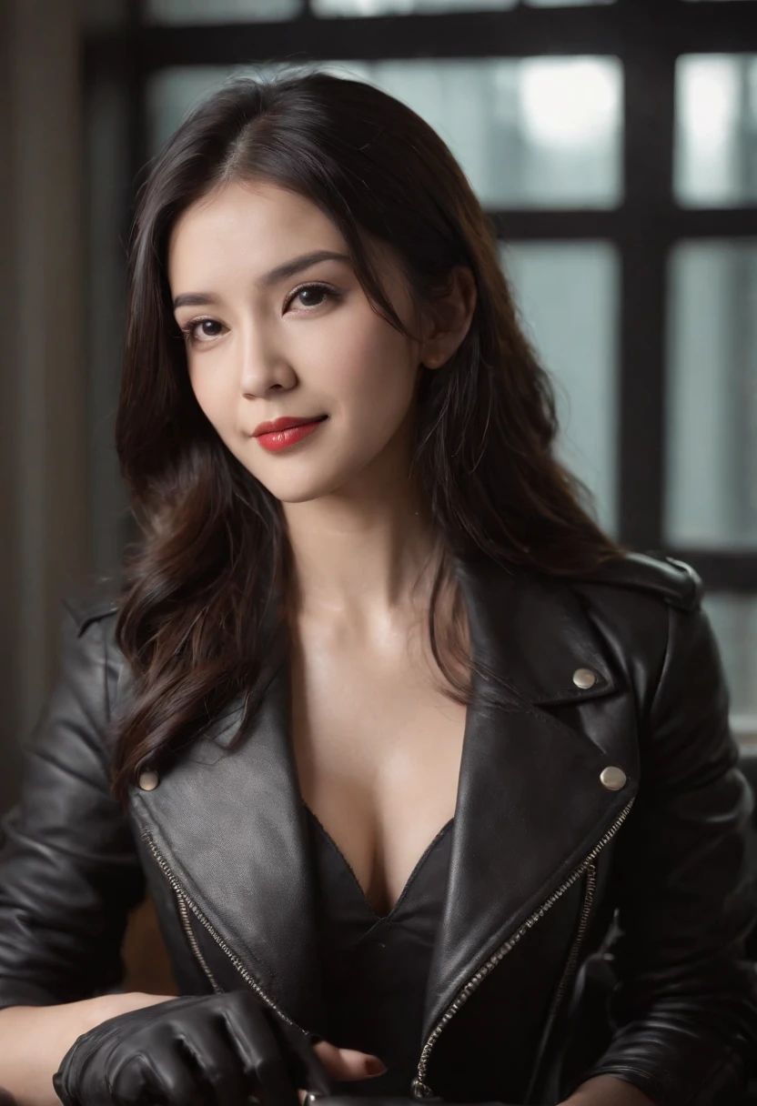 Wearing black leather gloves on both hands Upper body Black leather rider jacket Necklace on chest Facing desk in modern study in the dark, Look down and smile, Young Japan woman with long straight black hair (Black leather gloves covering both hands) Working at computer sitting on chair with black leather gloved fingers