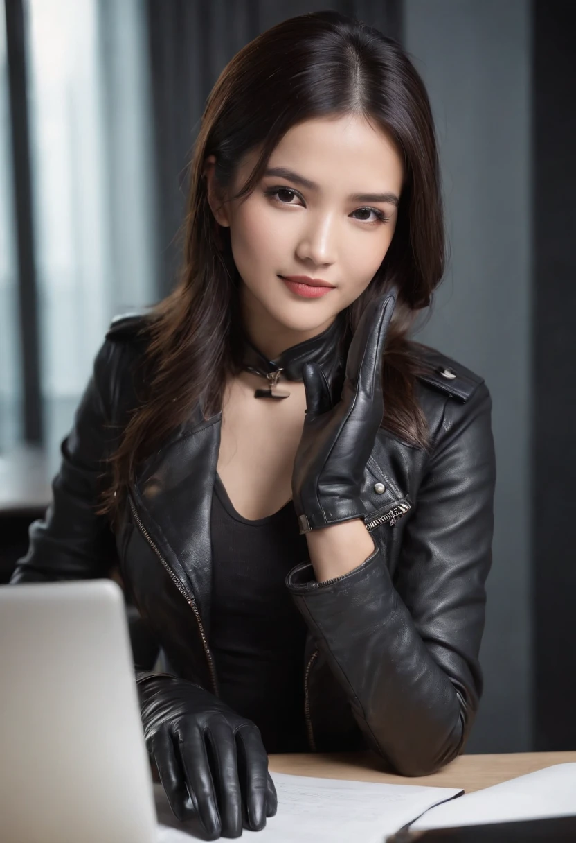 Wearing black leather gloves on both hands Upper body Black leather rider jacket Necklace on chest Facing desk in modern study in the dark, Look down and smile, Young Japan woman with long straight black hair (Black leather gloves covering both hands) Working at computer sitting on chair with black leather gloved fingers