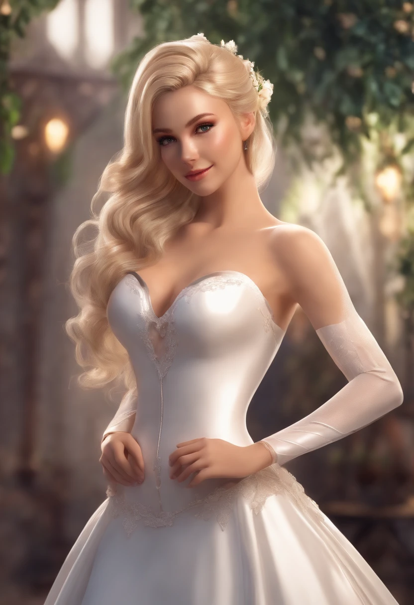 blonde anime smiling realistic in open latex wedding dress costume with ponytail and slim waist. Holds hands between legs