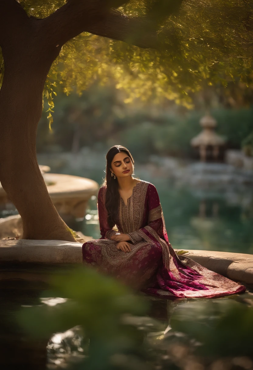 A woman sitting on a stone ledge in a maroon dress - SeaArt AI