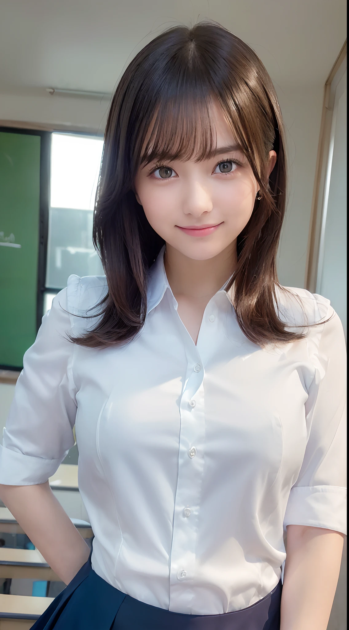 ((8K,Raw photography, top-quality, masutepiece),high definition RAW color photos professional close-up photos,(realisitic,photorealisim:1.37),(top-quality),(Best Shadows), ((up of face)),((directly in front)), High resolution, High-definition CG, physically-based renderingt, Cinematographic lighting),a 18 year old girl, (dress shirts, high-school uniform:1.2),High School Classroom, beautiful finely detailed eyes, Light on the Face, ((up of face:1.2)), especially strong light, (View here:1.2), glowy skin, A dark-haired,:1.2, ((From shoulder up:1.2)), ((Smile:1.2)),((Bright and refreshing classroom, blur backgroun:1.2)),face perfect, kawaii faces,(high-angle shot:1.2)