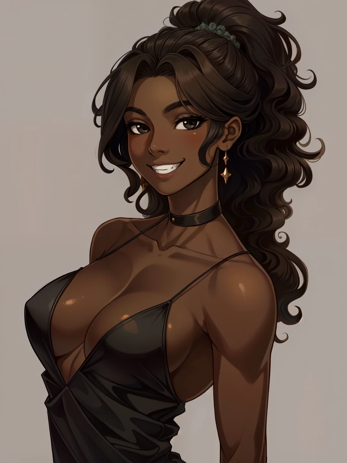 Masterpiece, best quality, high-res, extremely detailed, 1 girl, (dark brown skin tone:1.2), black eyes, smiling