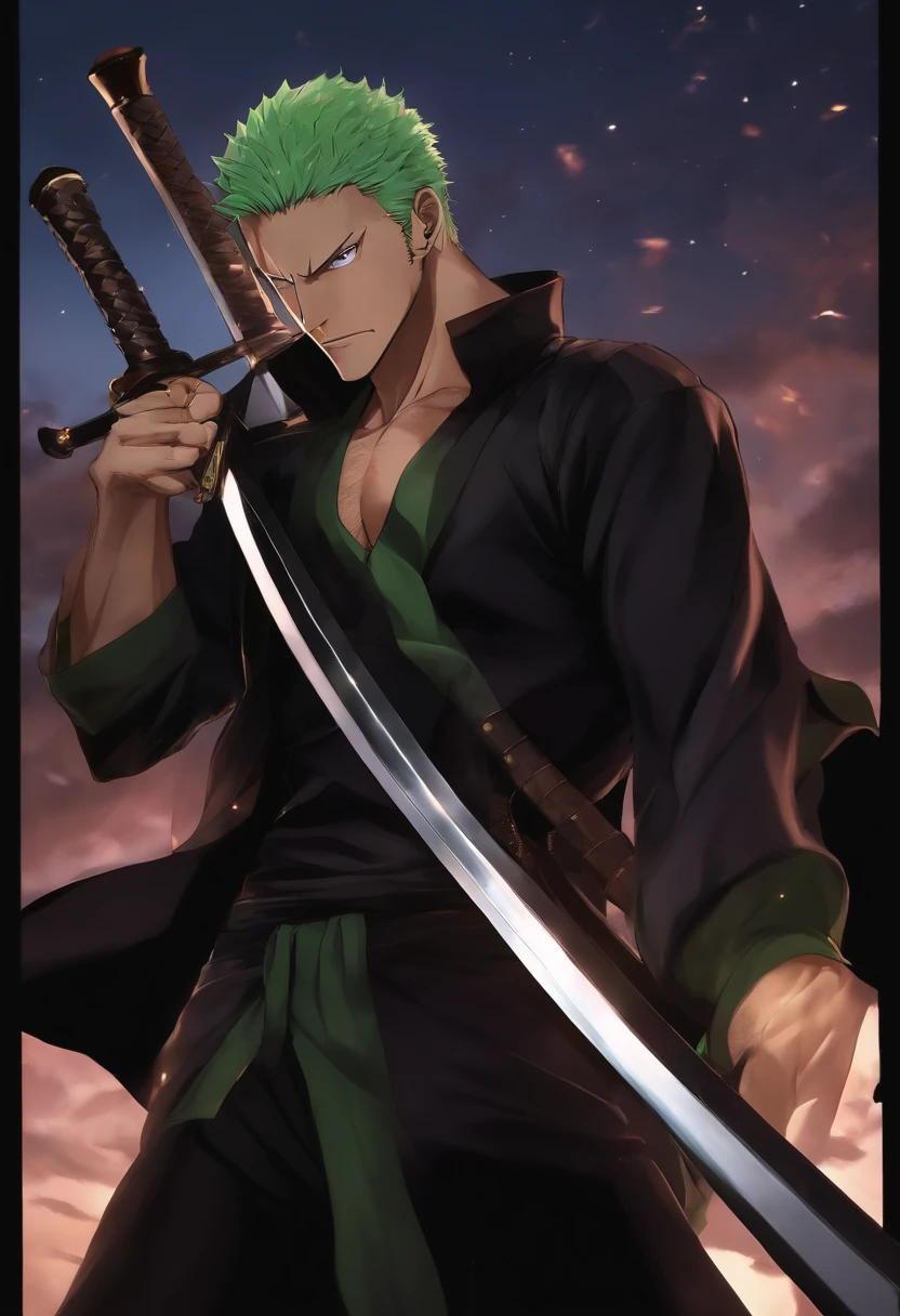 Roronoa zoro, in dark clothes, Composants de vol, with three shining swords, de front, background dark, Realstic,vert, 8k