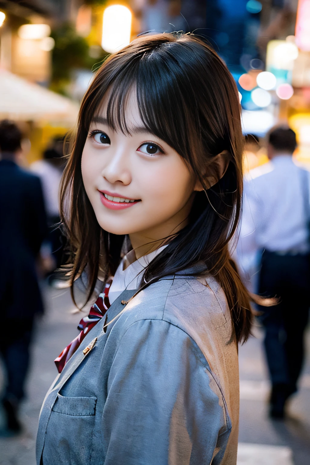 (8K、Raw photography、top-quality、masterpiece:1.2)、(realisitic、Photorealsitic:1.37)、ultra-detailliert、超A high resolution、1人、see the beholder、beautifull detailed face、A smile、Constriction、(Slim waist) :1.3)、Beautiful detailed skin、Skin Texture、Floating hair、Professional Lighting、Whole human body、Longhaire、a blond、japanese hight school uniform、hi-school girl、matsuri、In the street、Bob Hair、Happy smile