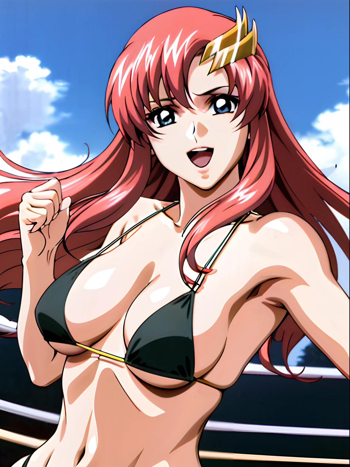 (masterpiece, upper body view, 4K, Best Quality, Anime style: 1.9,, Adult Woman, ultra detailed face, (cloud background, wrestling), Drawing lines, high resolution, Anime, lacus4), 1girl, Solo, curvy figure, Long hair, 鎖骨, scapular, (Detailed wide hair bangs, Hair Ornament, Detailed reddish-pink hair, golden crest), cleavage, large hands, (female wrestler). (Big blue eyes, shiny eyes), ((female wrestler, little biceps, slender body, broad shoulders, closed fists)), ((perfect proportions, medium breasts, long belly)), (((micro bikini, pink wrestling gear, champion))), happy, smile, open mouth, (belly dancing, looking at the viewer), , showing off underarm, (elegant lady)