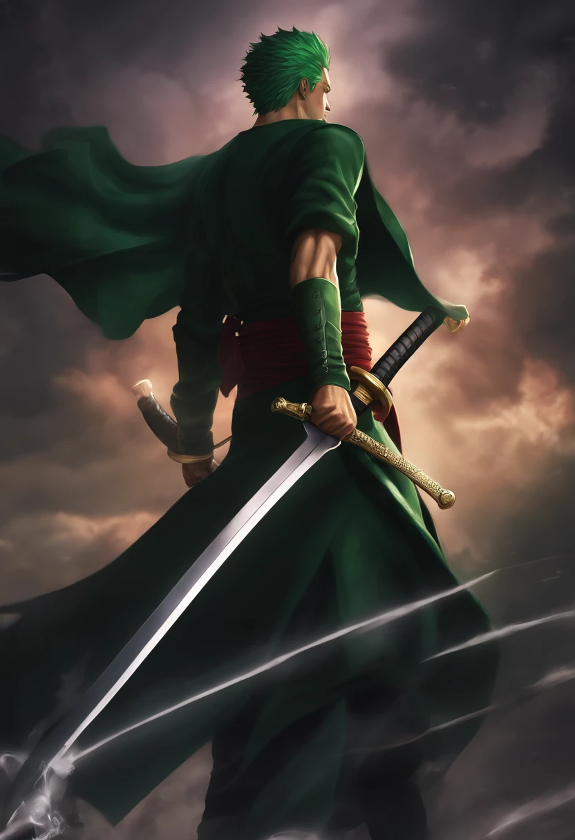 Roronoa zoro, in dark clothes, Composants de vol, with three shining swords, de front, background dark, Realstic,vert, 16k