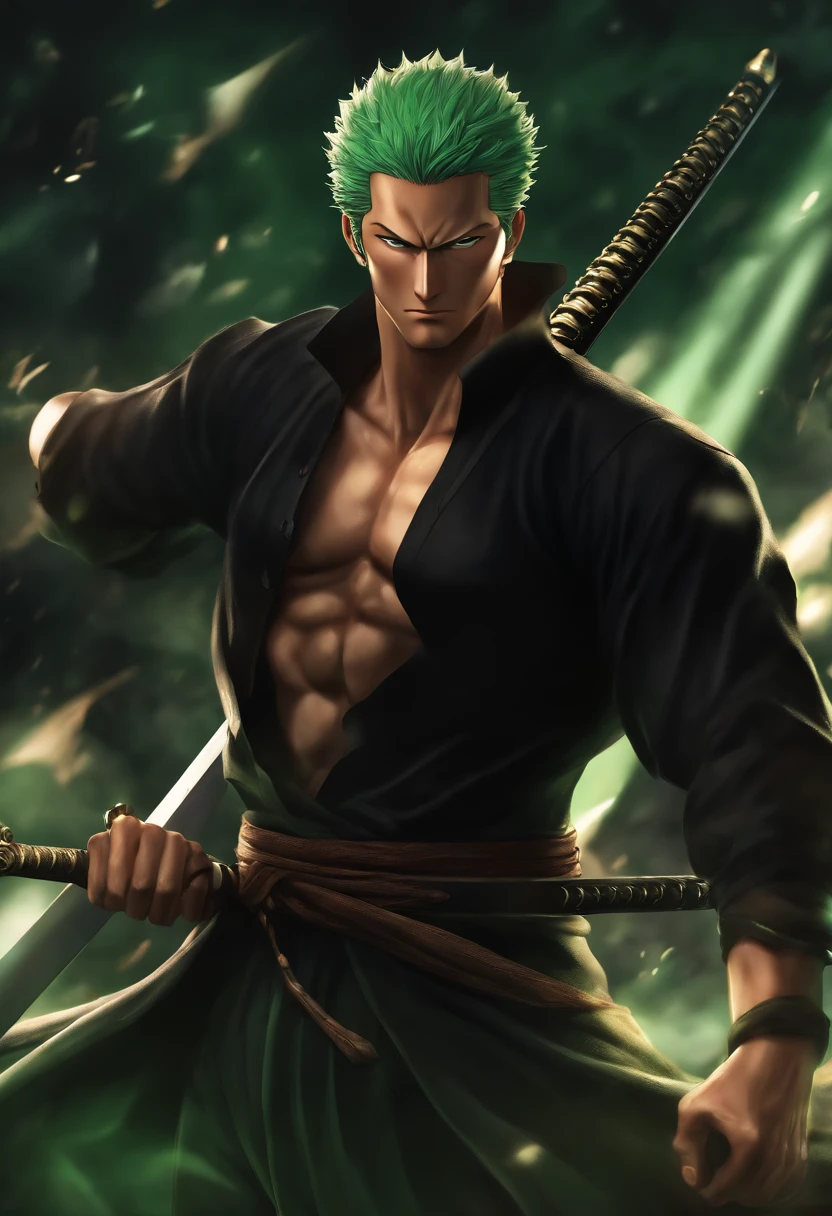 Roronoa zoro, in dark clothes, Composants de vol, with three shining swords, de front, background dark, Realstic,vert, 16k