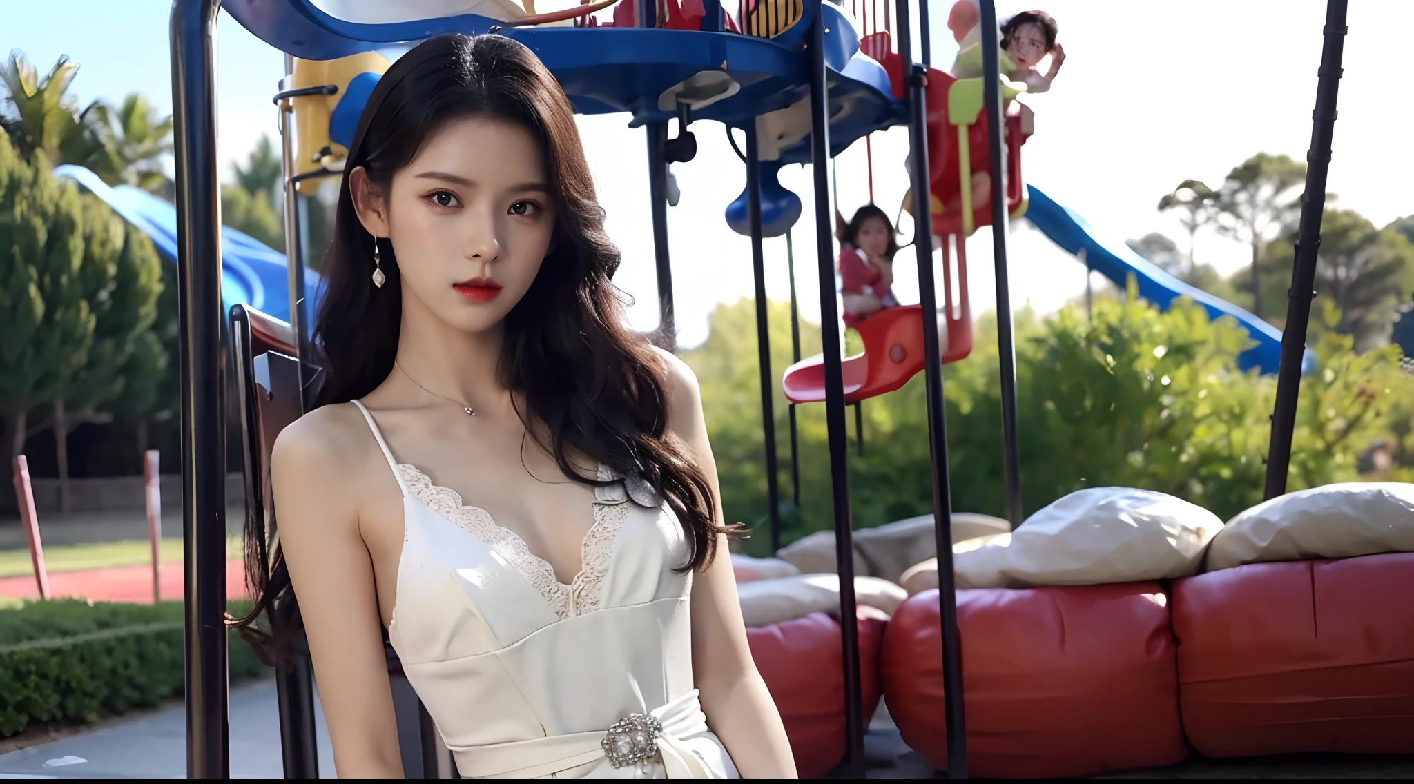Realiy，8K，超高分辨率，Front light，rays of sunshine，photographed，(parks，playground，roller coasters，baiyun:1.3)，cotton candy， Female celebrities，long whitr hair，shift dresses，formal outfit， Hair_decorations, (Solo,solo person), Lace long gloves，jewelry，sash, Looking_at_peeping at the viewer, Bigchest，(中景 the scene is，A half body:1.2)，Face lighting