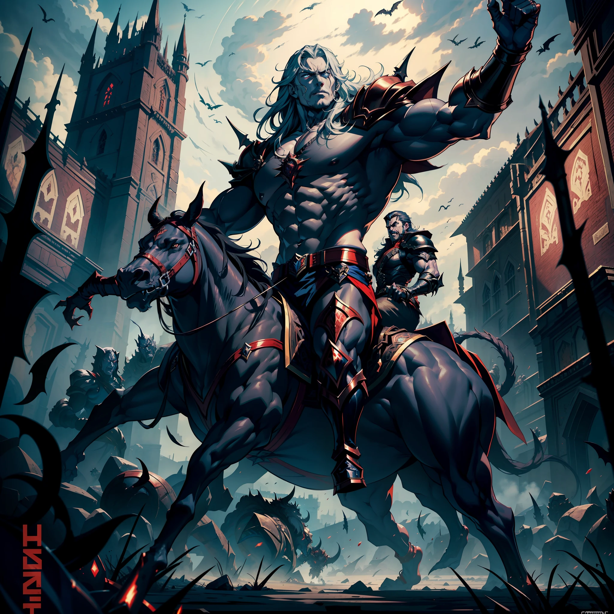 Castlevania Shadow Lord hyper realistic super detailed Lord Dracula handsome muscular wearing angry Islamic armor leading troops armed with demons into battle 3points perspective view bottom shot hyper realistic super detailed Dynamic shot Cinematic scenes from the movie Correct characters Anatomy correct proportions Dynamic poses