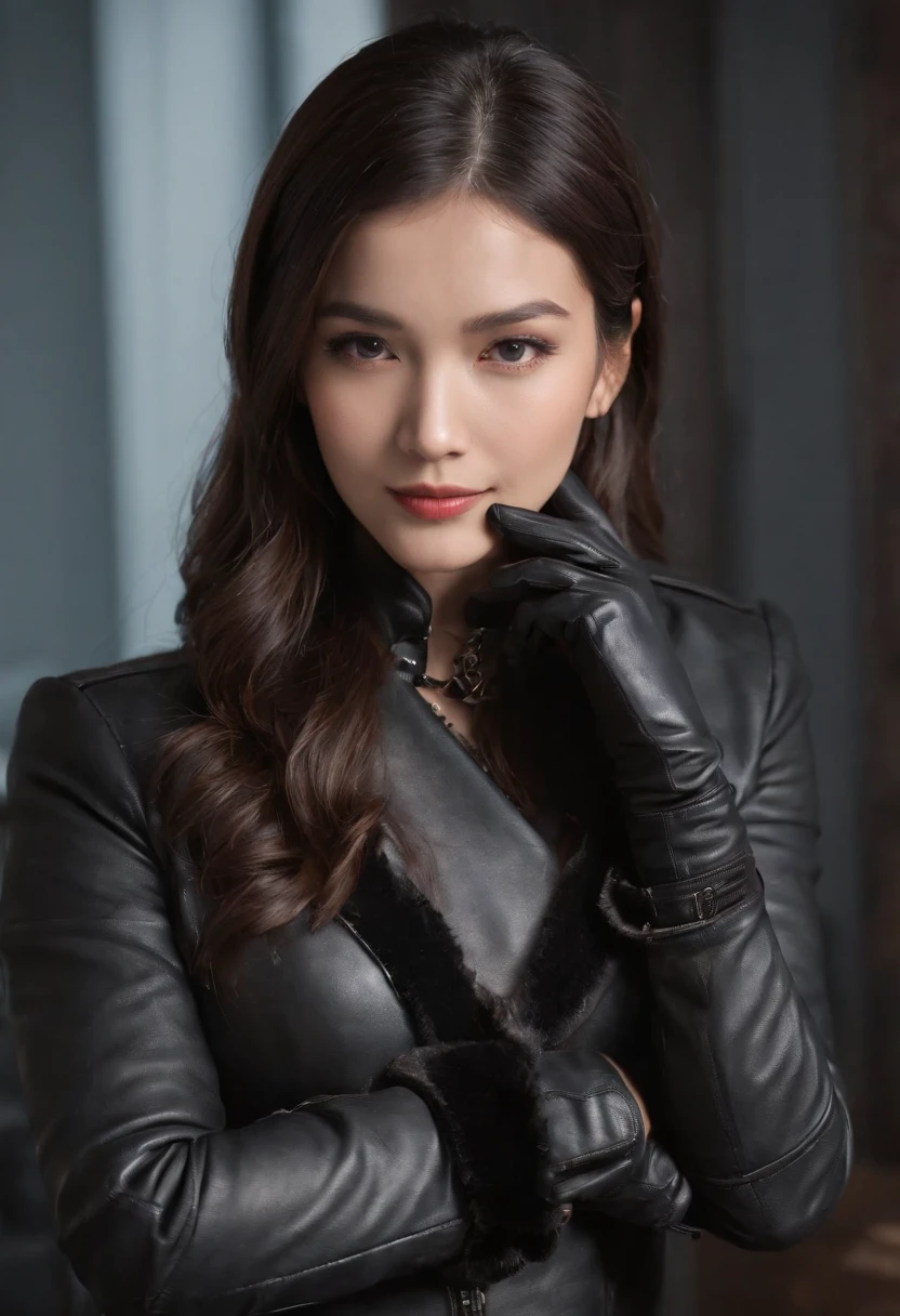 Wearing black leather gloves on both hands Upper body Black leather rider jacket Necklace on chest Facing desk in modern study in the dark, Look down and smile, Young Japan woman with long straight black hair (Black leather gloves covering both hands) Working at computer sitting on chair with black leather gloved fingers
