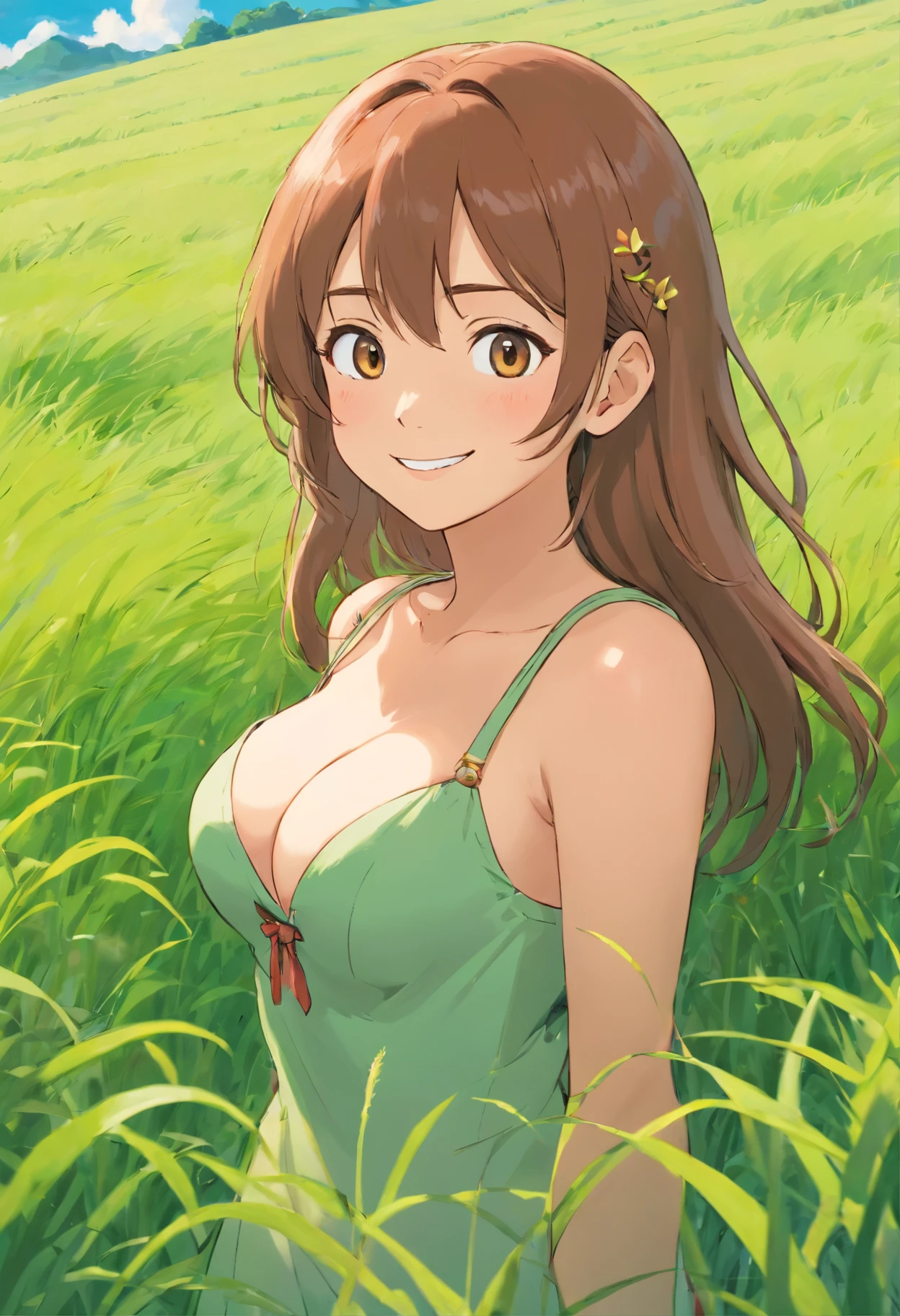 one-girl，cropped shoulders，Huge breasts，cleavage，Open navel，grassy fields，ssmile，Upper body photo，