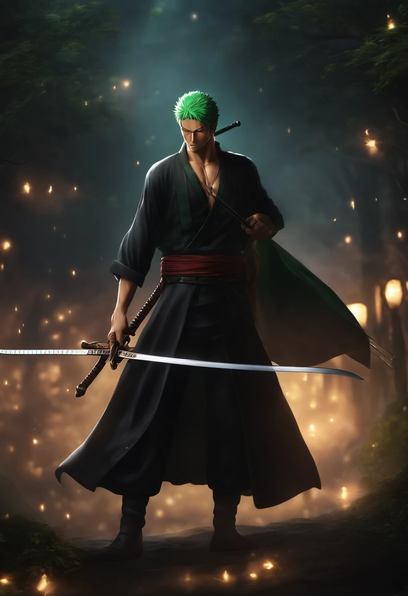 Roronoa zoro, in dark clothes, Composants de vol, with three shining swords, de front, background dark, Realstic,vert, 16k, extremely detailed