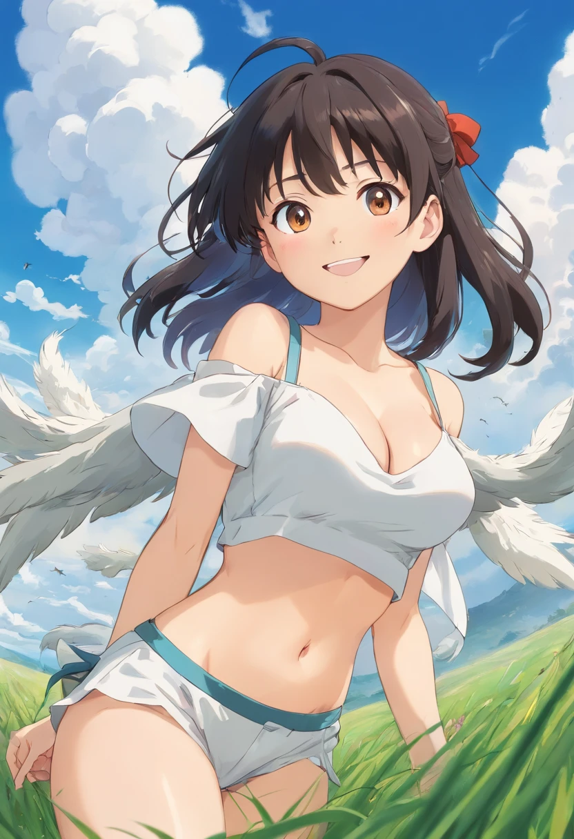 one-girl,cropped shoulders,Huge breasts,cleavage,Open navel,grassy fields,ssmile,Upper body photo,black color hair,upon the clouds,white clothes