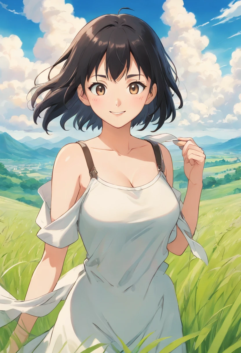 one-girl,cropped shoulders,Huge breasts,cleavage,Open navel,grassy fields,ssmile,Upper body photo,black color hair,upon the clouds,white clothes