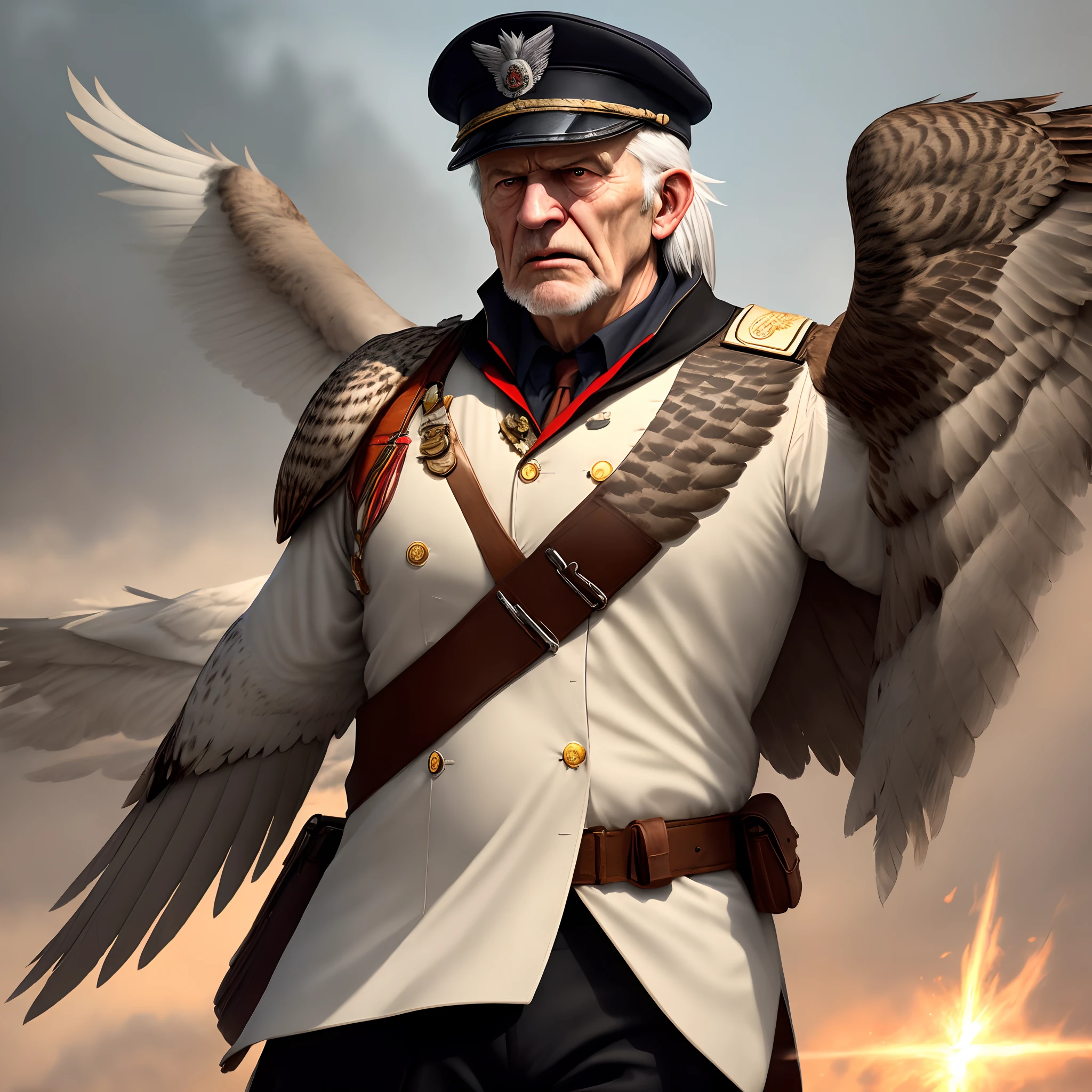 Older Man big eagle wings covering body light military cap big angry owl eyes