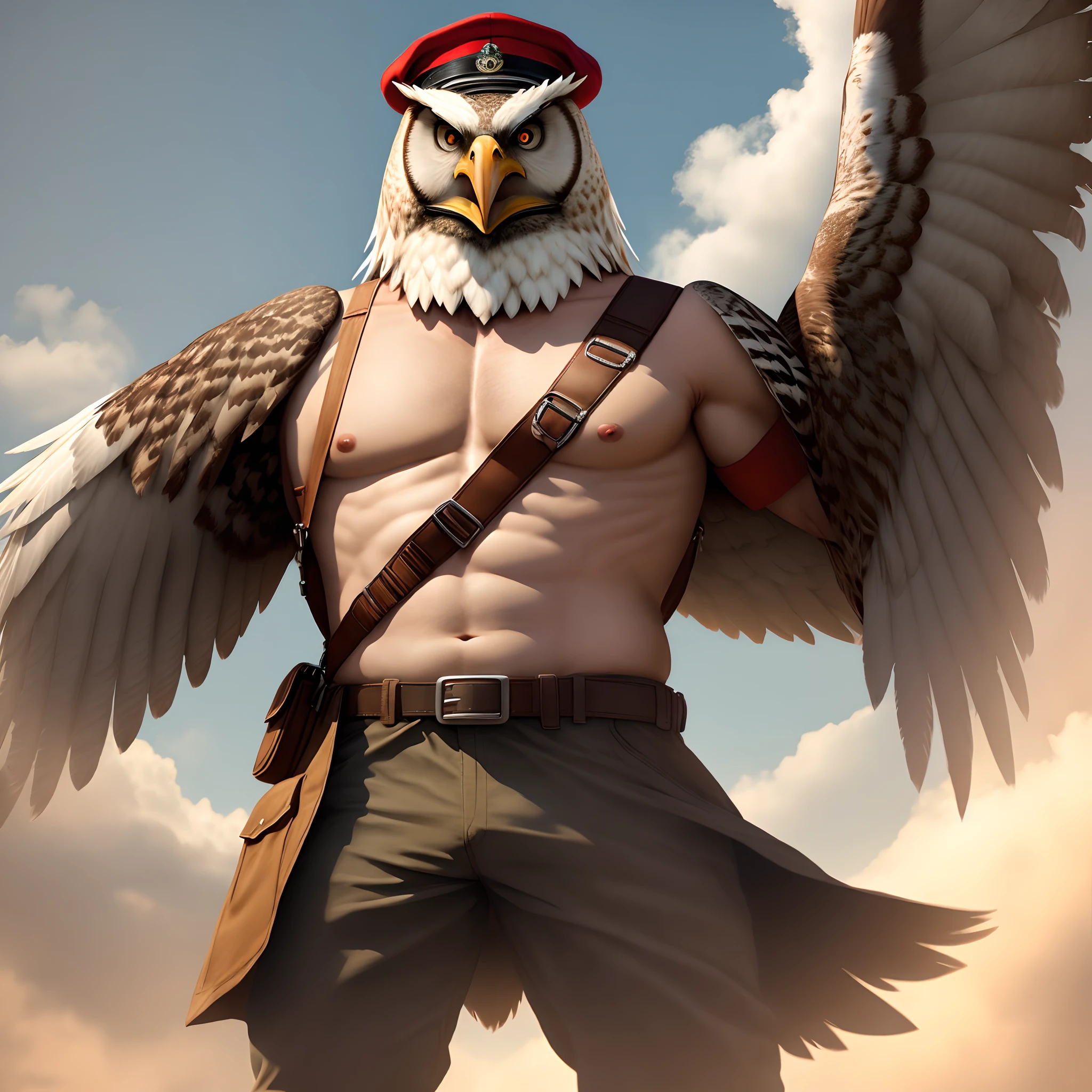 Older Man big eagle wings covering body light military cap big angry owl eyes