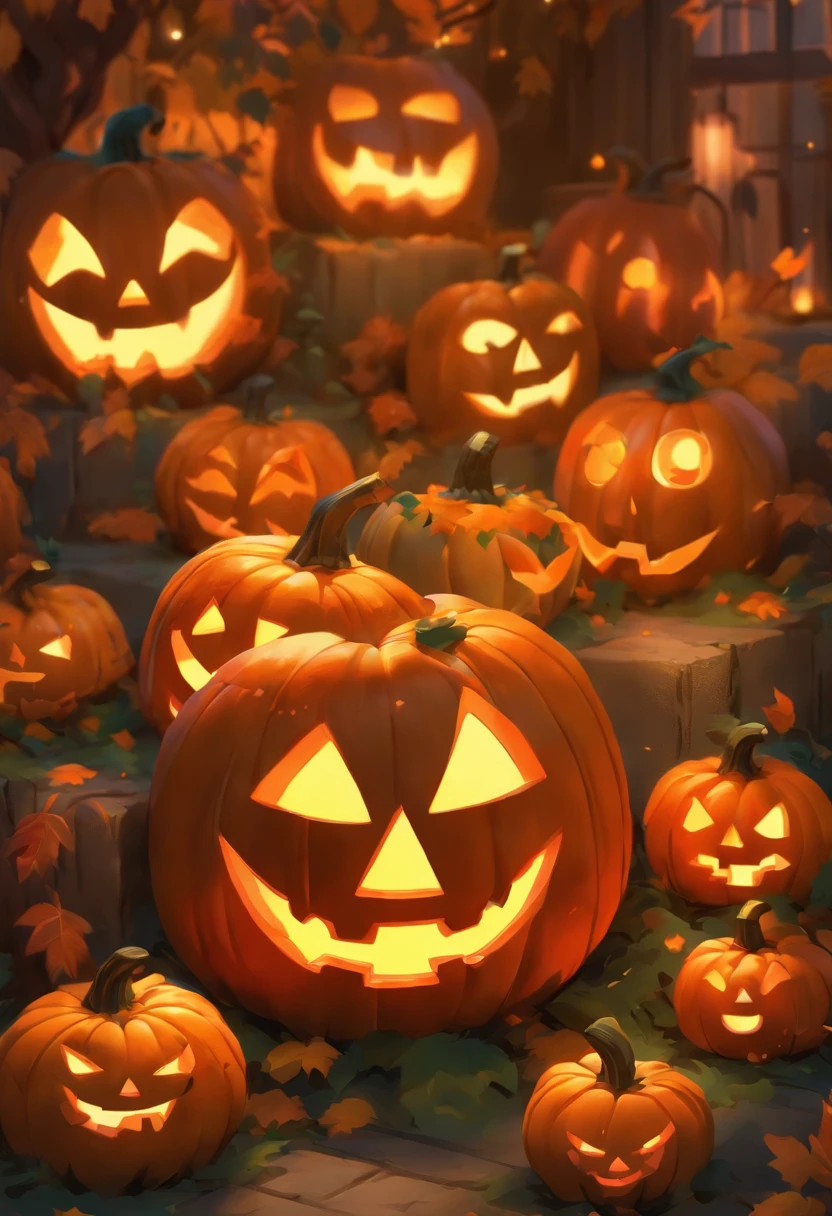 jack-o-lanterns、Spooky Halloween Garden Parrots and Jack-o'-Lanterns, Surrounded by bright autumn leaves. The garden is full of eerie lighting, Cast shadows on the carved face of a pumpkin, Create an eerie yet captivating atmosphere. Jack-o'-lanterns have a classic grinning face.、Illuminated by flickering candles. Colorful parrots perched on jack-o'-lanterns, Add a playful element to your scene. Images should be of the highest quality, Ultra-detailed, and realistic. The colors are vivid、It is necessary to evoke the spirit of Halloween.