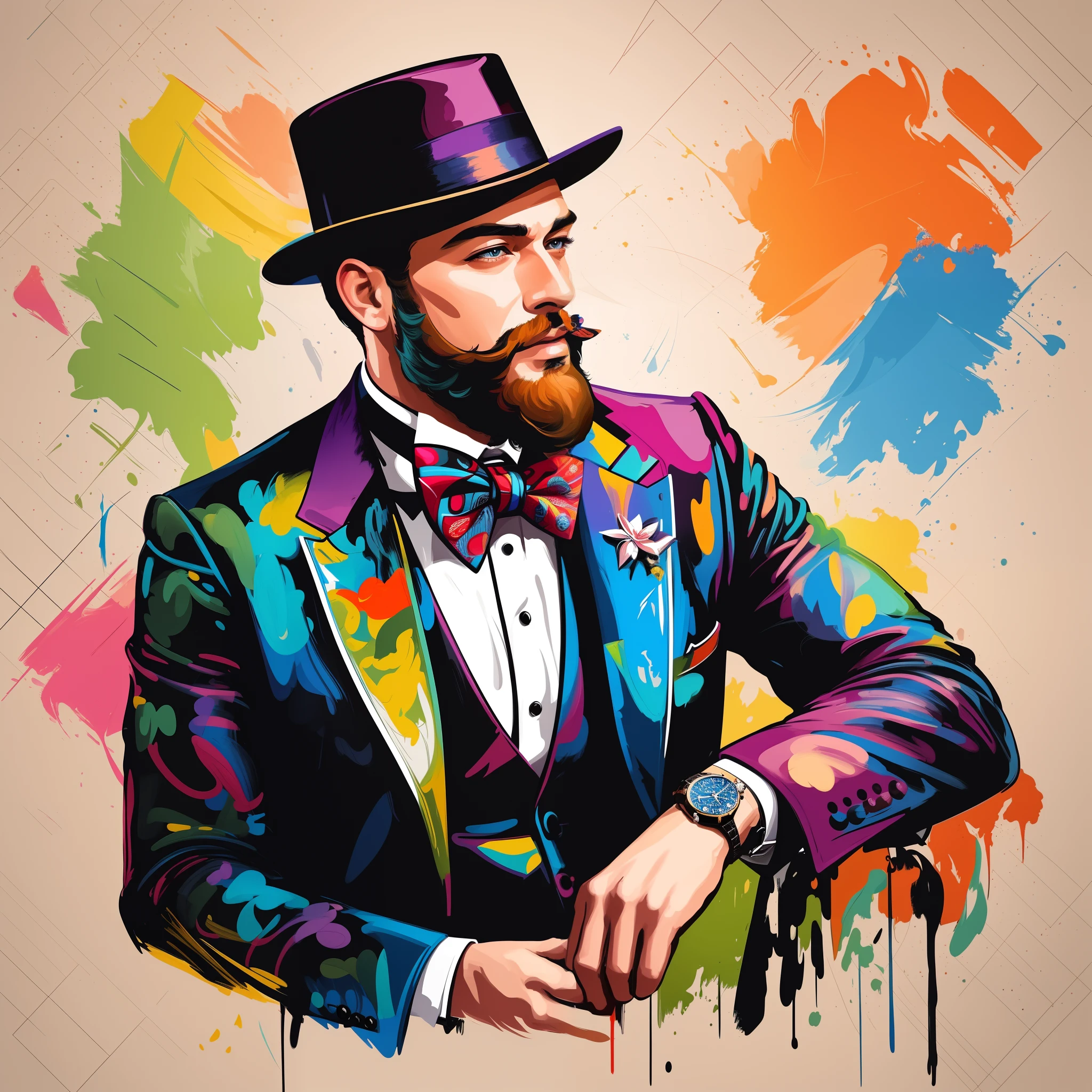 painting of a man in a suit and hat with a watch, vector art style, high quality portrait, epic and classy portrait, wearing a colorful men's suit, digital painting style, in style of digital illustration, beautiful art uhd 4 k, style digital painting, gentelman, elegant digital painting, masterpiece digital painting, high quality art, extremely high quality artwork