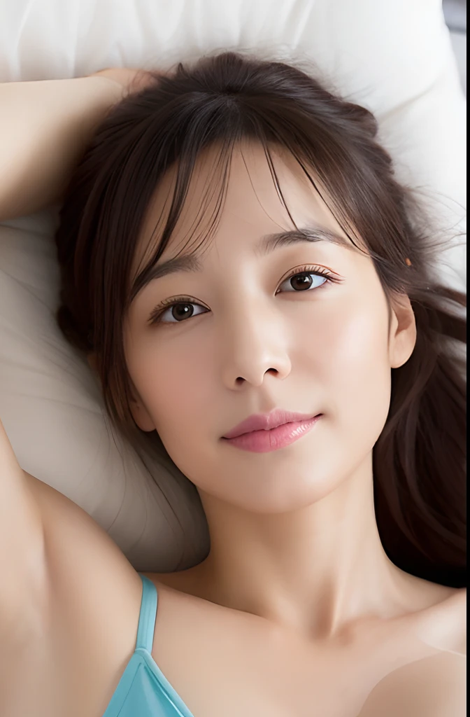 Female in her 30s、Face without makeup, silky white skin, Bun hair, lying on one's side on bed、Happy, cleavage of the breast