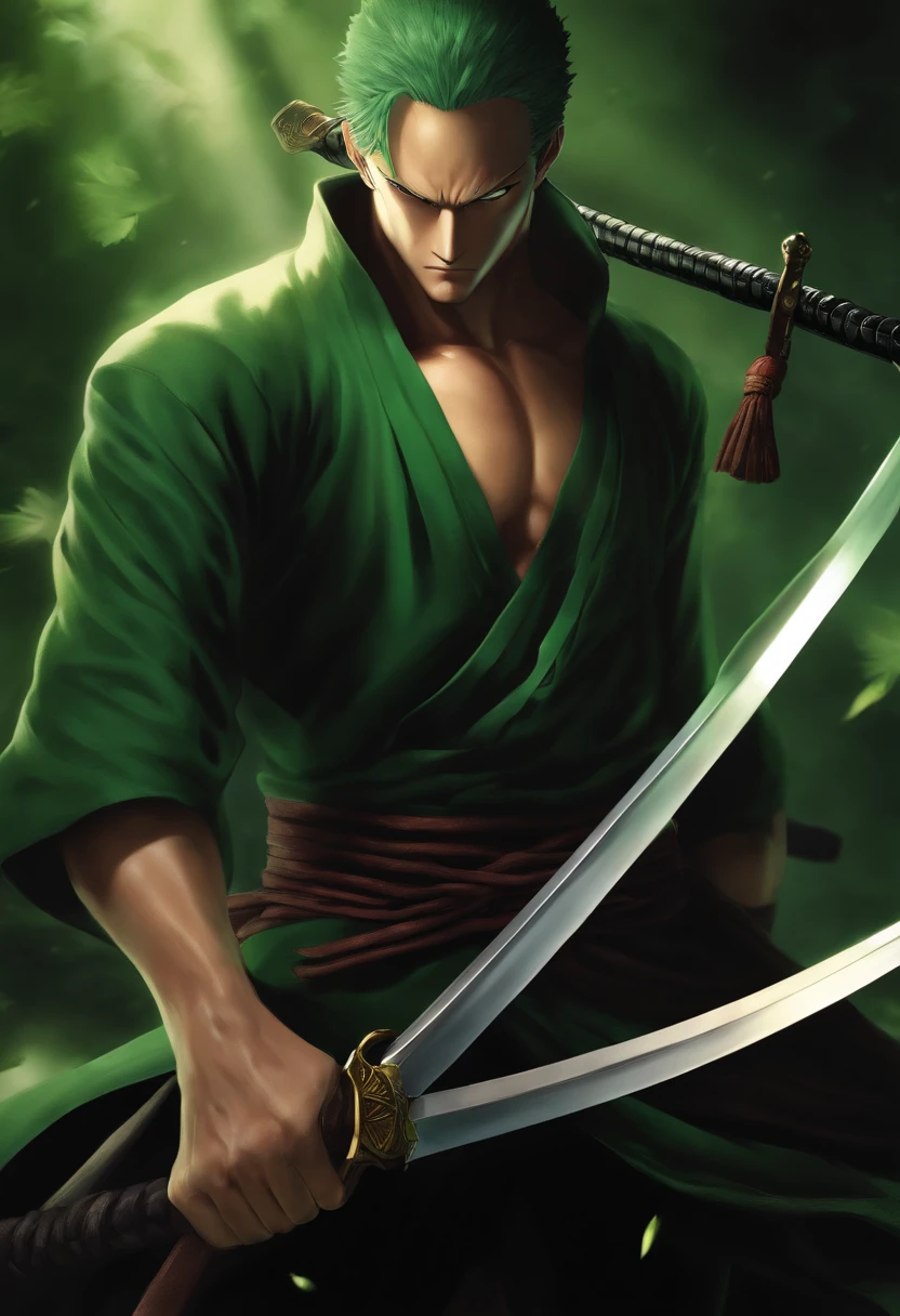 Roronoa zoro, in dark clothes, Composants de vol, with three shining swords, de front, background dark, Realstic,vert, 16k, Extremely high detailed