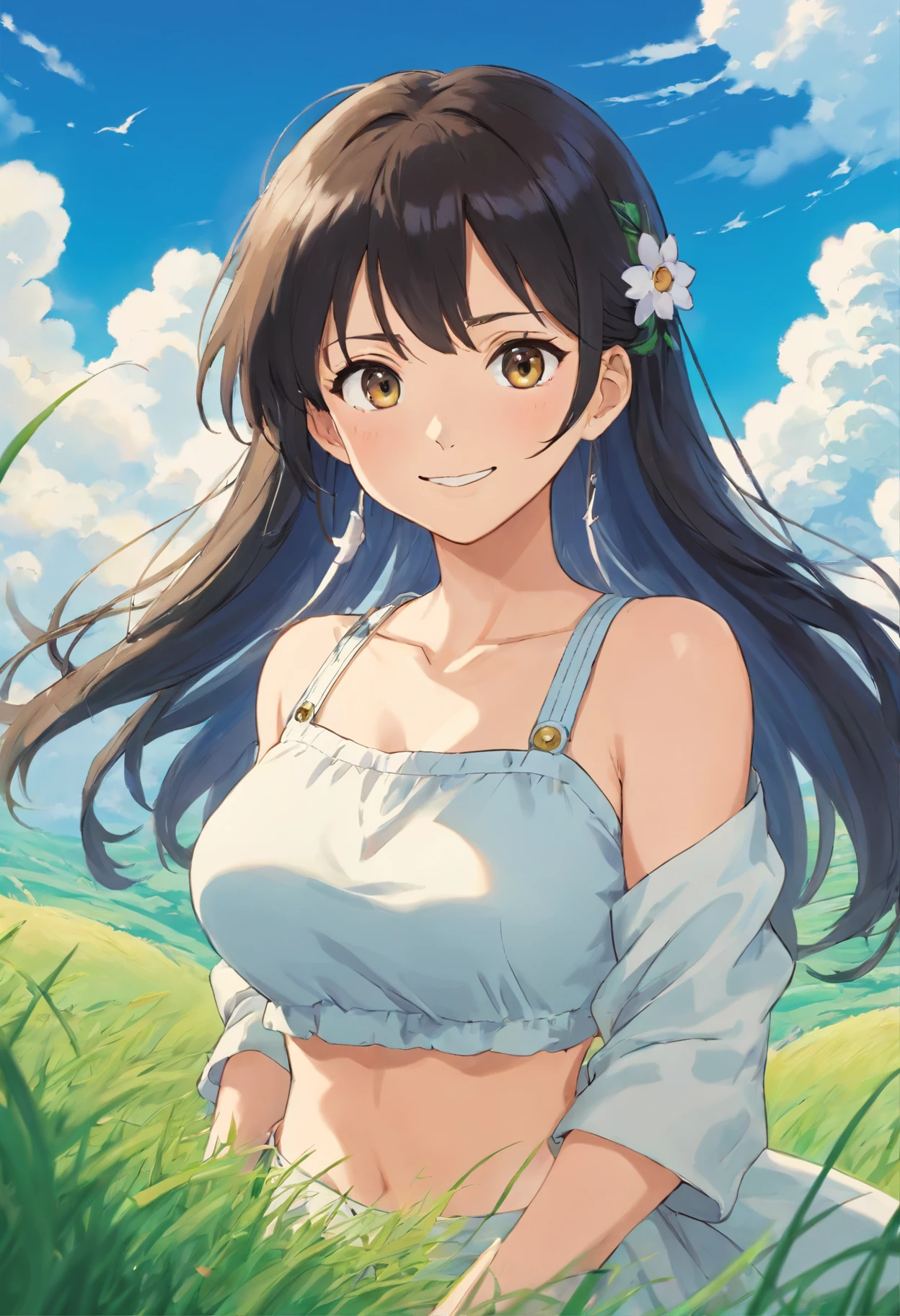 one-girl，cropped shoulders，Huge breasts，cleavage，Open navel，grassy fields，ssmile，Upper body photo，black color hair，upon the clouds，white  clothes