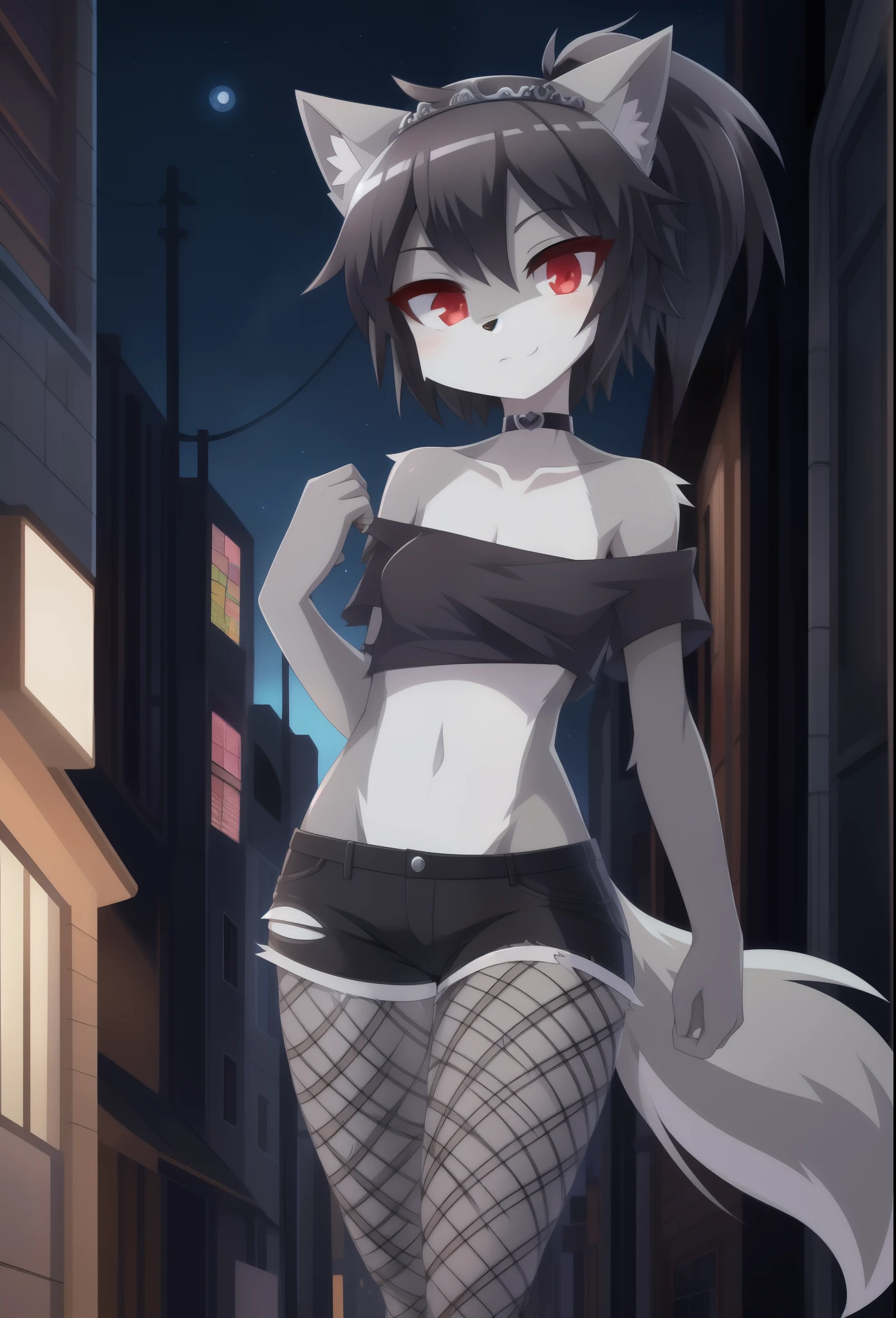 furry girl, young, wolf, black hair, emo shag hairstyle, long spiky ponytail, anime style, small breasts, red eyes, torn cropped off-the-shoulder shirt, torn black shorts, net tights, princess tiara, street, night sky, high quality, detailed body, detailed eyes, detailed face, masterpiece, glistening body, shiny body, detailed body fur, best quality, two tone body, gray fur, clear gray fur, skinny, sassy face, :3,