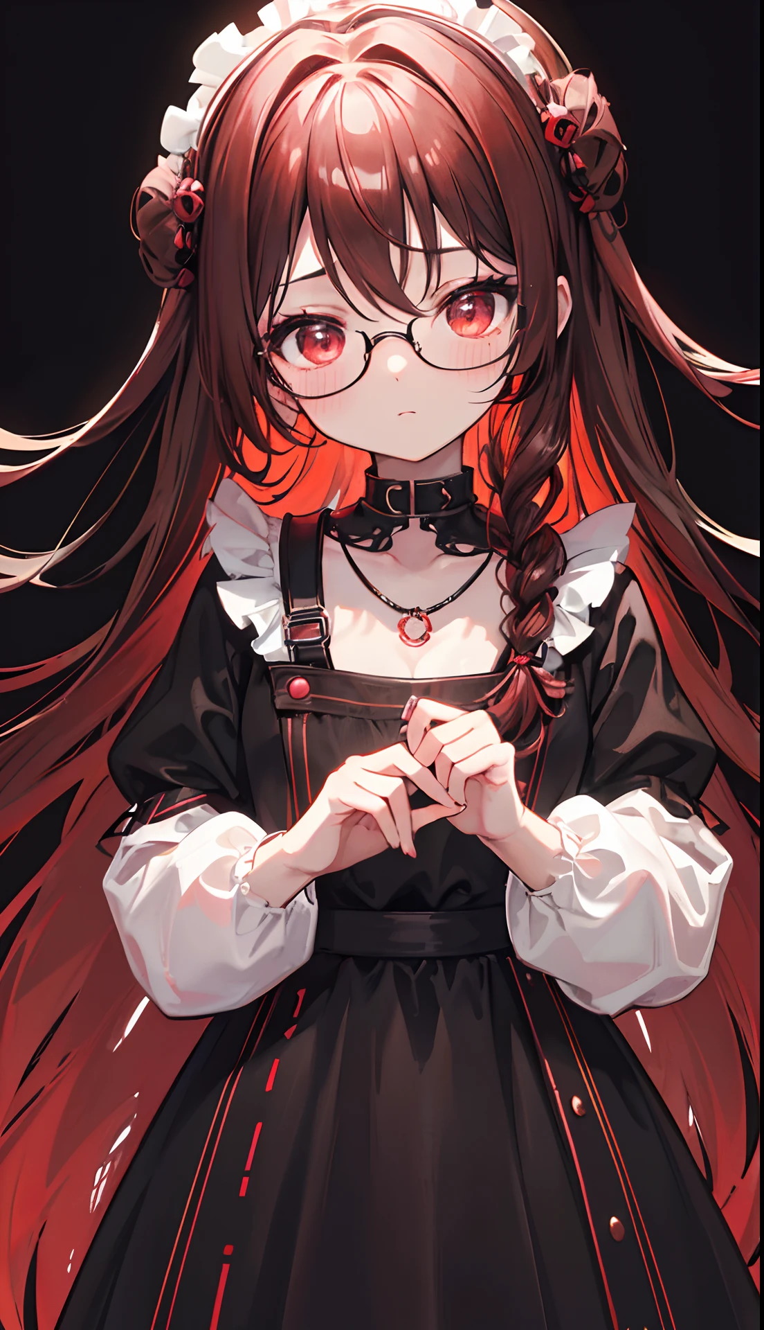 Reddish glow-brown braided hair,With thick black-framed glasses,The eyes are very affectionately glowing with fluorescence,With a cute black ring necklace,Lolita clothes in brown and red colors,Glowing,The face is shiny, super tender and shiny,is a petite cute little sweet girl,Fluorescent overall,Delicate little loli little sweet girl
